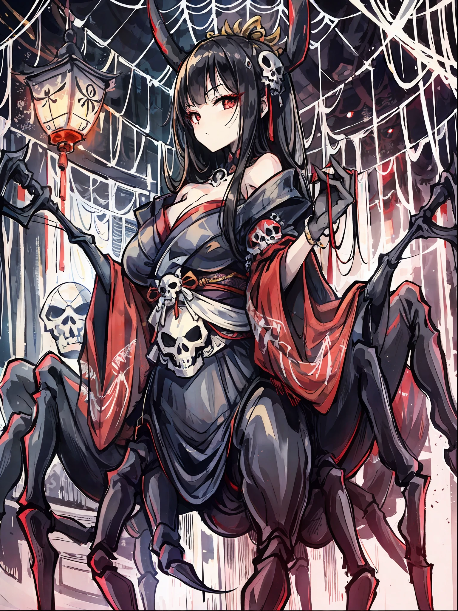 (Arachne: 1.5),
Master-piece, monster, solo, upper body bewitching beauty, lower body is a huge female spider, full body, kimono beauty, black hair straight, bangs snap, crimson lipstick, sink eyes, skull pattern on spider back, background is Japan castle, ruins, many spider webs, candlesticks, golden rays from the ceiling, skull, spider webs, high image quality, high definition, accurate drawing, detailed drawing,