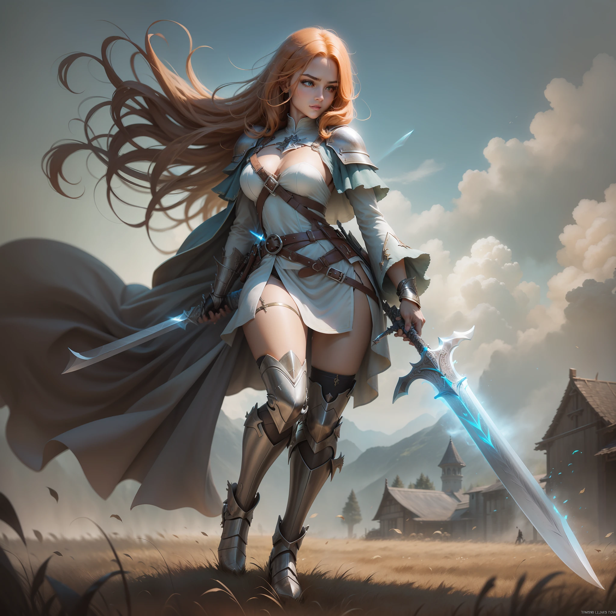 Close-up of a woman holding a sword in the field, full body, ginger sword, war blade weapon, shiny sword, wielding sword, fantasy blade, beautiful sword, huge super large sword, holding fantasy sword, fantasy sword, fantasy sword, warrior sword, ghost blade style, holding a giant sword, wielding a magic sword, holding a giant sword, shining sword, 2K