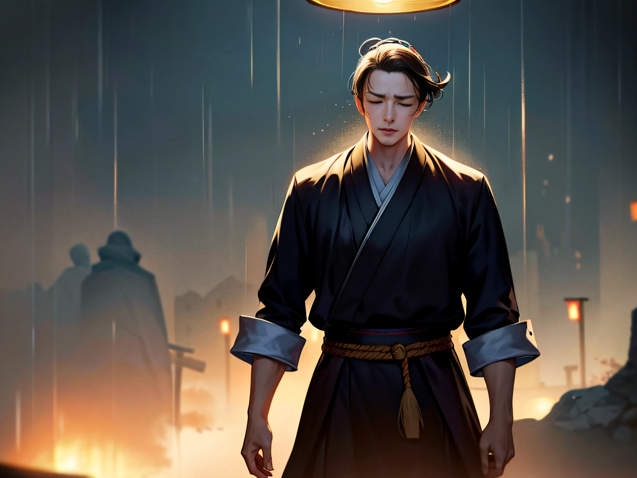 Excellent, Masterpiece, High Resolution, Fine Details, High Resolution, High Resolution, Wallpaper, 1 Man, Ancient Man, Wearing Hanfu, Eyes Closed, Tears Slipping Down, Head Up, Standing in the Rain, by Atey Ghailan, Heavy Rain, Hanfu, Lantern, 16K, HDR, High Resolution, Depth of Field, (Film Grain: 1.1), Bococon, Primetime, (Lens Halo), Vignette, Rainbow, (Tinting: 1.5)