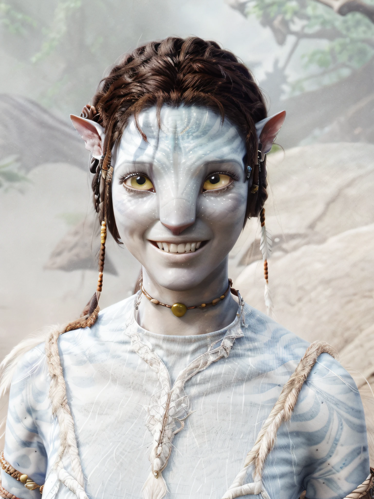 HD, (Best Details) (Best Quality), Allard Woman in White Dress with White Top and Brown Hair, ((Avatar Style)), (Blue Skin))), AOA, Na'vi, Good Looking