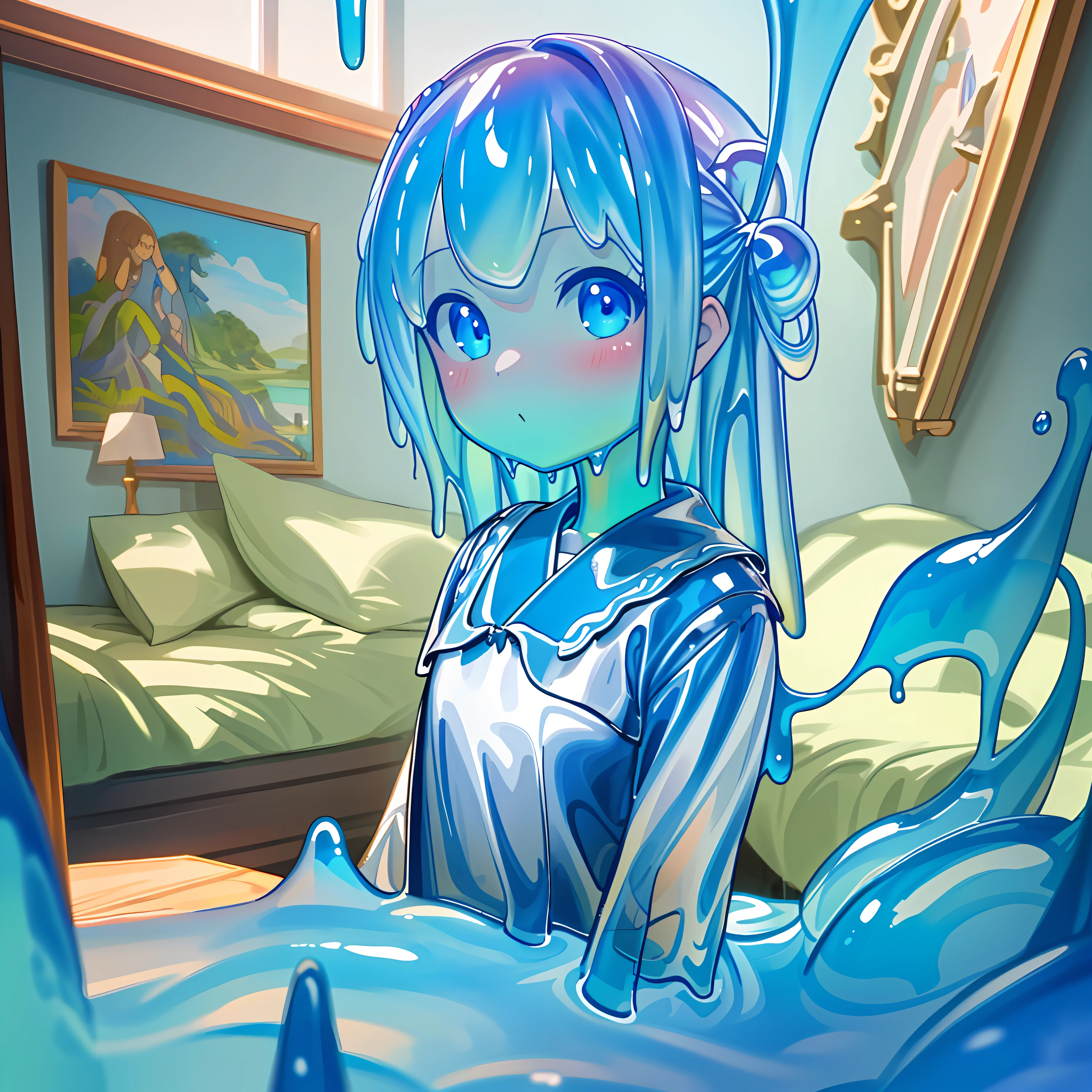 (masterpiece), best quality, 1girl, solo, slime girl, ligh, bedroom, , blue slime girl, upper body shot, portrait, digital art, beautiful, illustration, trending on artstation, featured on pixiv