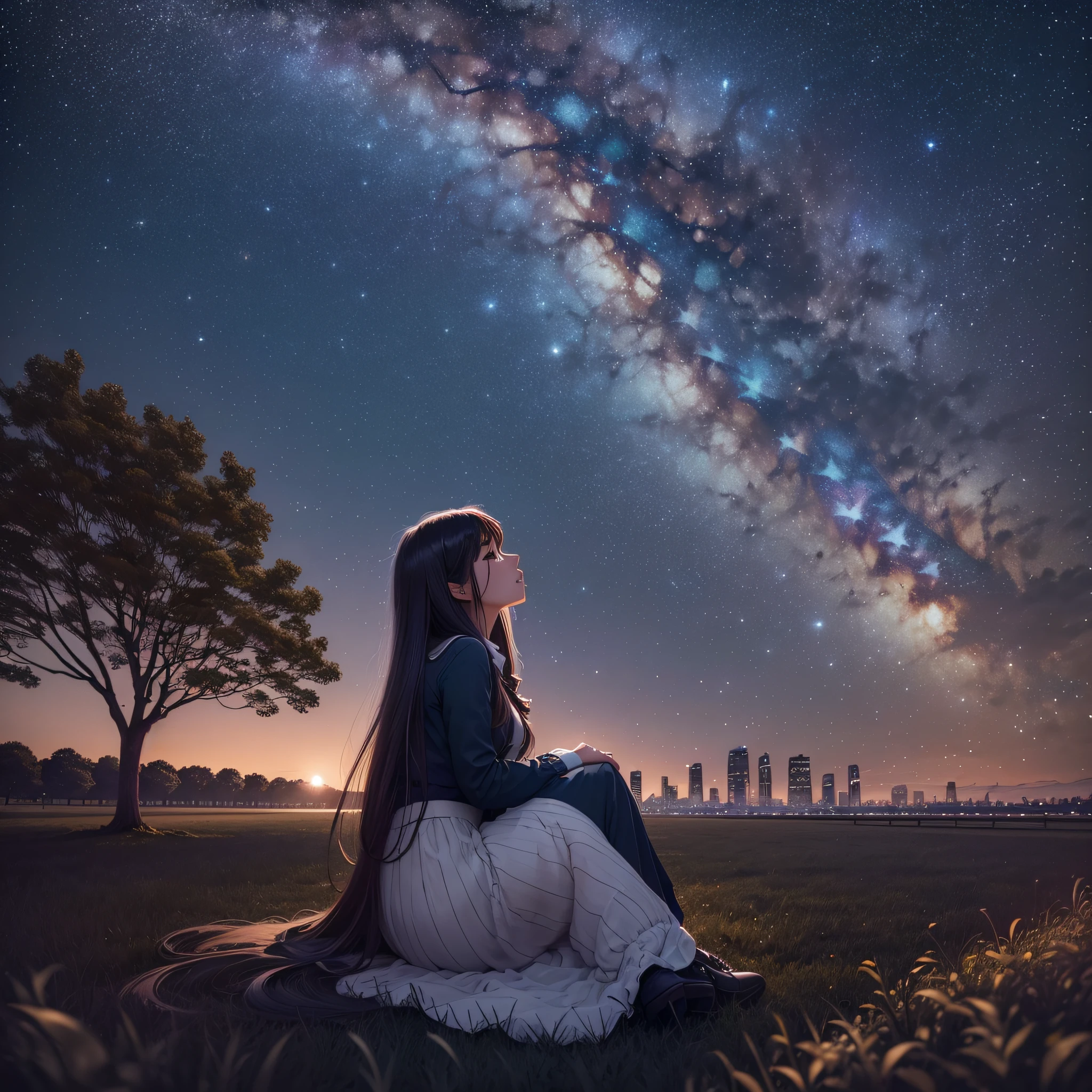 (Beautiful night, away from the hustle and bustle of the city, sit under the trees, play freely, and enjoy the beauty of the starry sky and the Milky Way.) 1 girl, long hair and silhouette add extraordinary beauty to the night scene. Against the backdrop of the buildings and clouds, everything becomes romantic and beautiful. ) --auto --s2