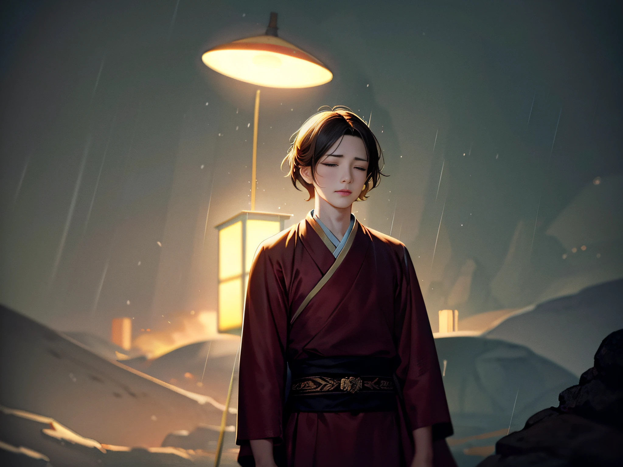 Excellent, Masterpiece, High Resolution, Fine Details, High Resolution, High Resolution, Wallpaper, 1 Man, Ancient Man, Wearing Hanfu, Eyes Closed, Tears Slipping Down, Head Up, Standing in the Rain, by Atey Ghailan, Heavy Rain, Hanfu, Lantern, 16K, HDR, High Resolution, Depth of Field, (Film Grain: 1.1), Bococon, Primetime, (Lens Halo), Vignette, Rainbow, (Tinting: 1.5)