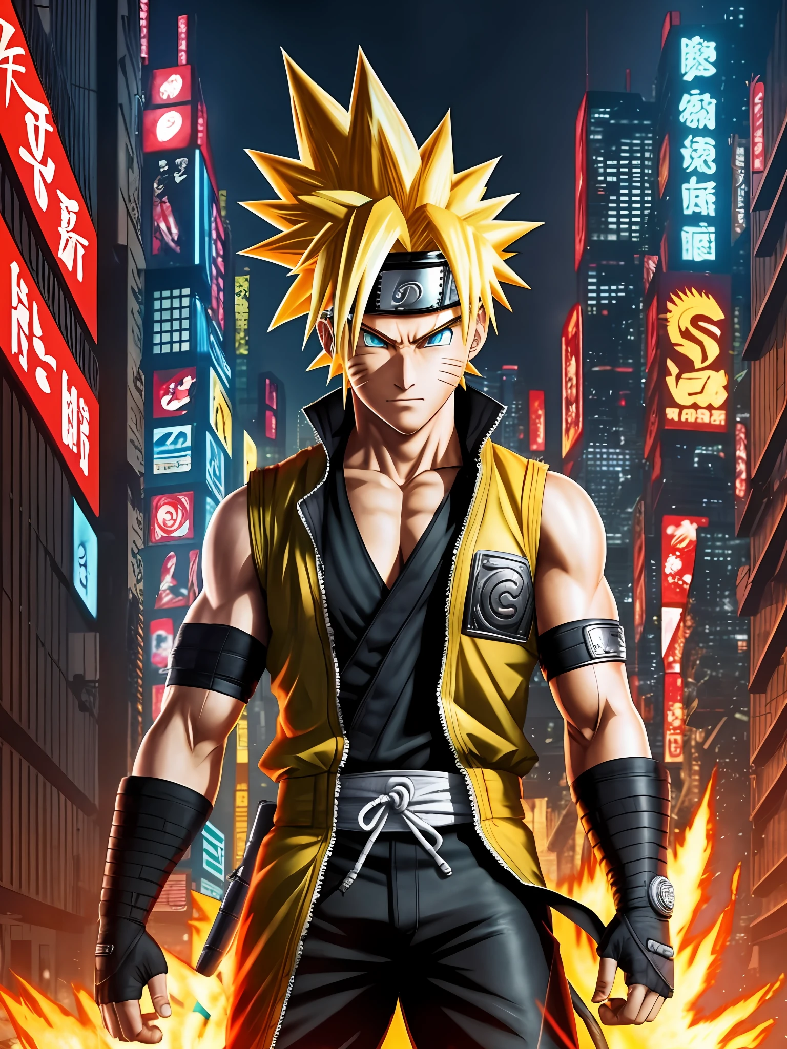 Naruto, super sayan, cyberpunk, hiperrealistico, 8k, luta --auto --s2