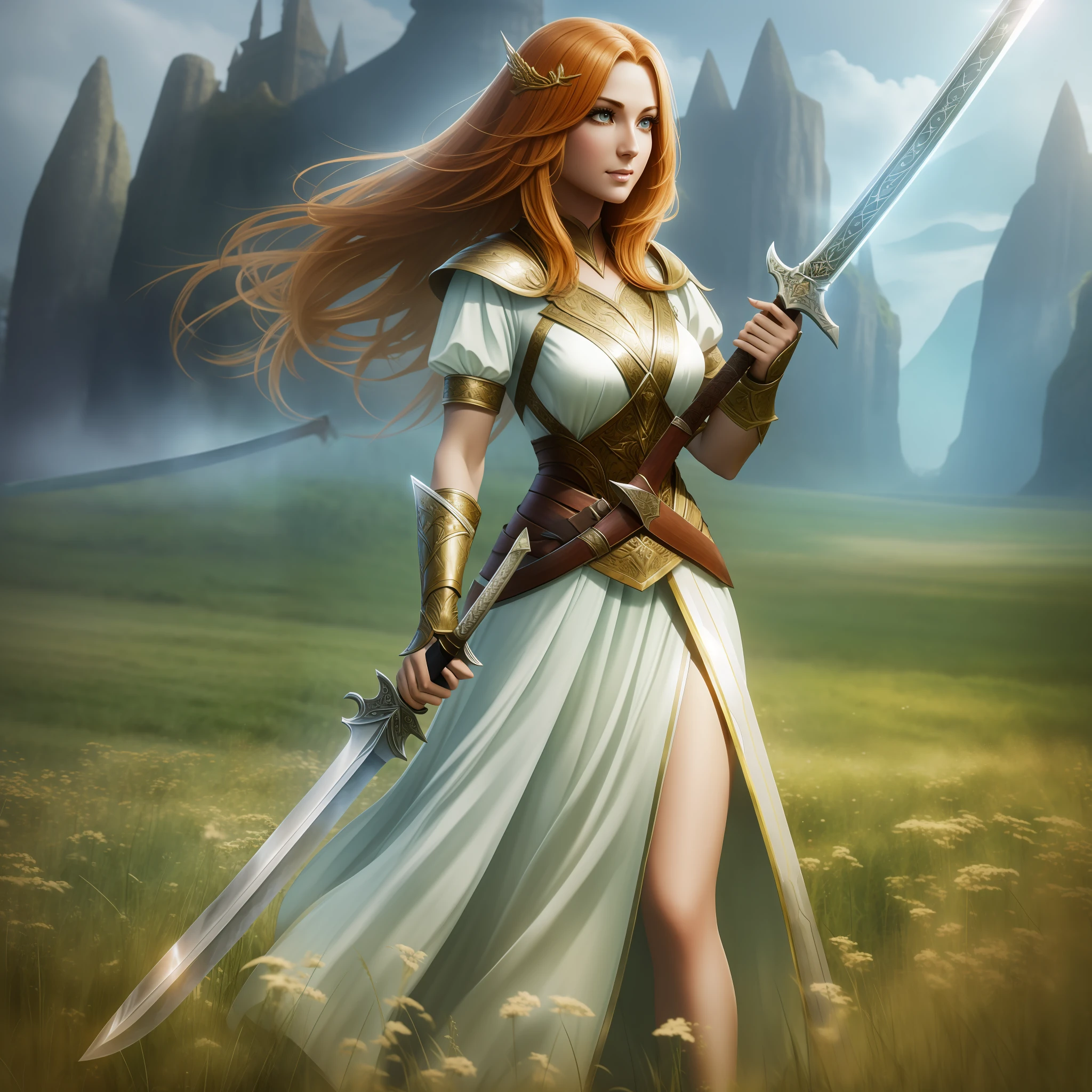 Close-up of a woman holding a sword in the field, full body, ginger sword, war blade weapon, shiny sword, wielding sword, fantasy blade, beautiful sword, huge super large sword, holding fantasy sword, fantasy sword, fantasy sword, warrior sword, ghost blade style, holding a giant sword, wielding a magic sword, holding a giant sword, shining sword, 2K