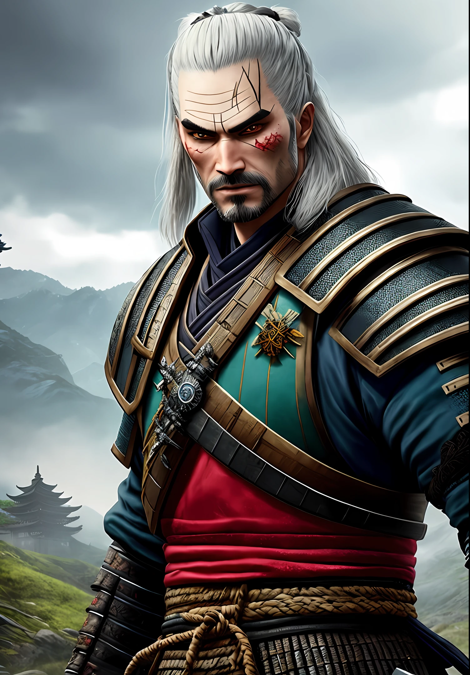 Create an ultra-realistic samurai based on the universe of The Witcher