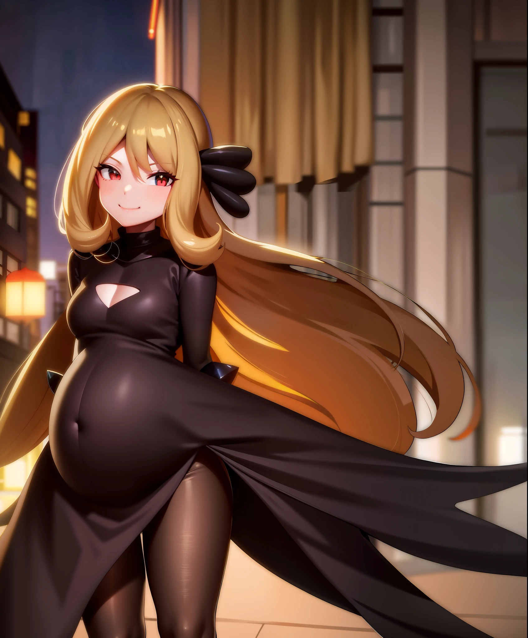 night, street atmosphere, 1girl, character_pokemon_cynthia, alone, standing, behind, from the side, smile, closed mouth, dress, slit in the thigh, hair ornament, pregnant.