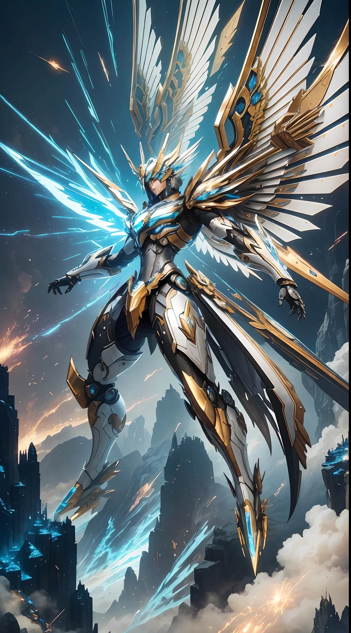 Steampunk style, cool colors, cinematic effects, huge sci-fi mecha, white-gold mecha with strong metallic luster, metallic wings on the back, wings are feathers and layered, holding Fang Tianji, Fang Tianji particle light, Fang Tianji particle special effects, aesthetic, scattered, battle posture, battle posture display, super details, perfect details, 8K, top painting, feature article, studio environment, concept art, epic composition, with HD details, metallic texture and tension composition, hyper-realistic, ultra-realistic, rich in detail.3D. C4D,