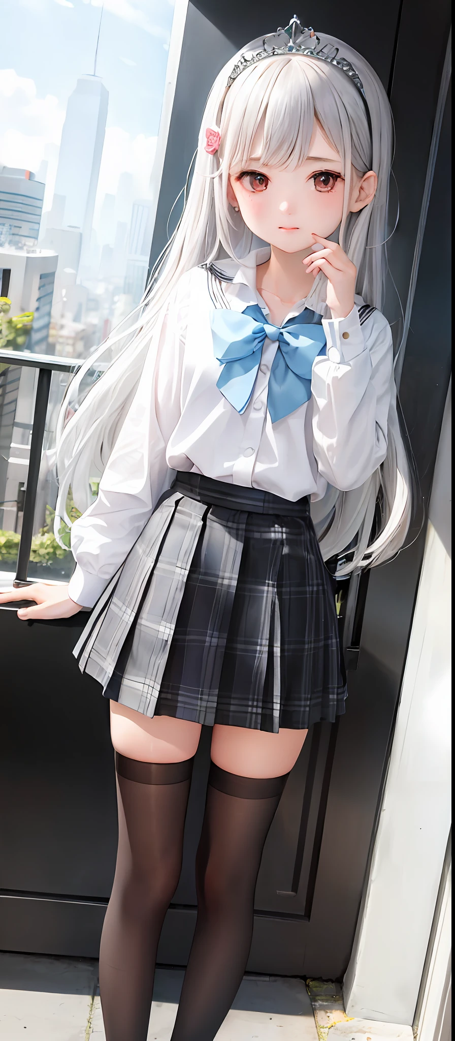 1girl, (masterpiece:1.1), (best quality:1.1), (white blouse:1.1), (plaid skirt:1.1), school uniform, high waisted skirt, BREAK [blue:pink:0.5] theme, (Urban Background: 1.1), denim lens, BREAK silver, long hair, red eyes, delicate tiara, sideways, white stockings, shy, Very cute, shy, can't see hands