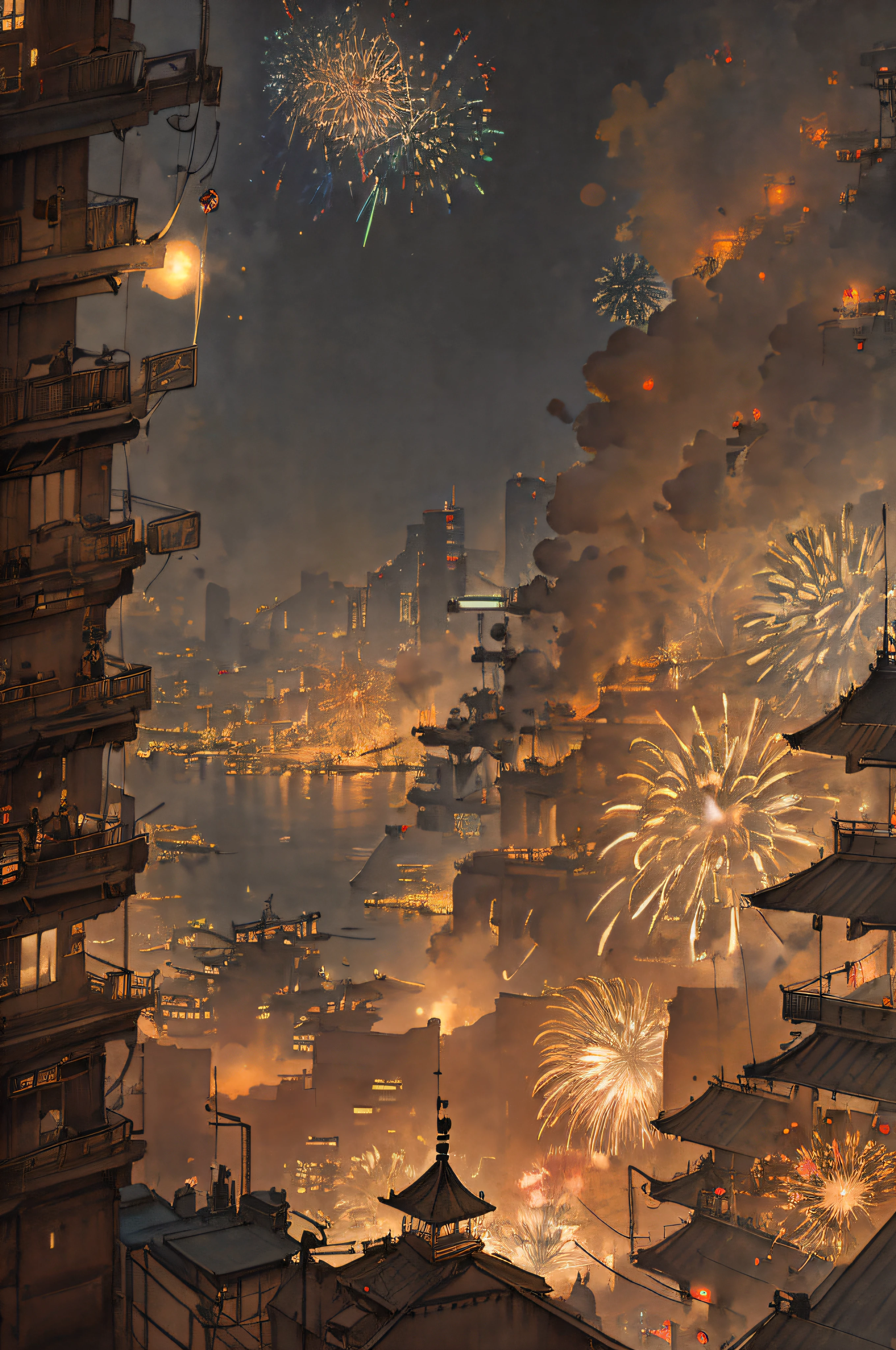 1 city, cyberpunk, light brown tone, panorama, detail, fireworks, new year, crowd, shimmer, steampunk