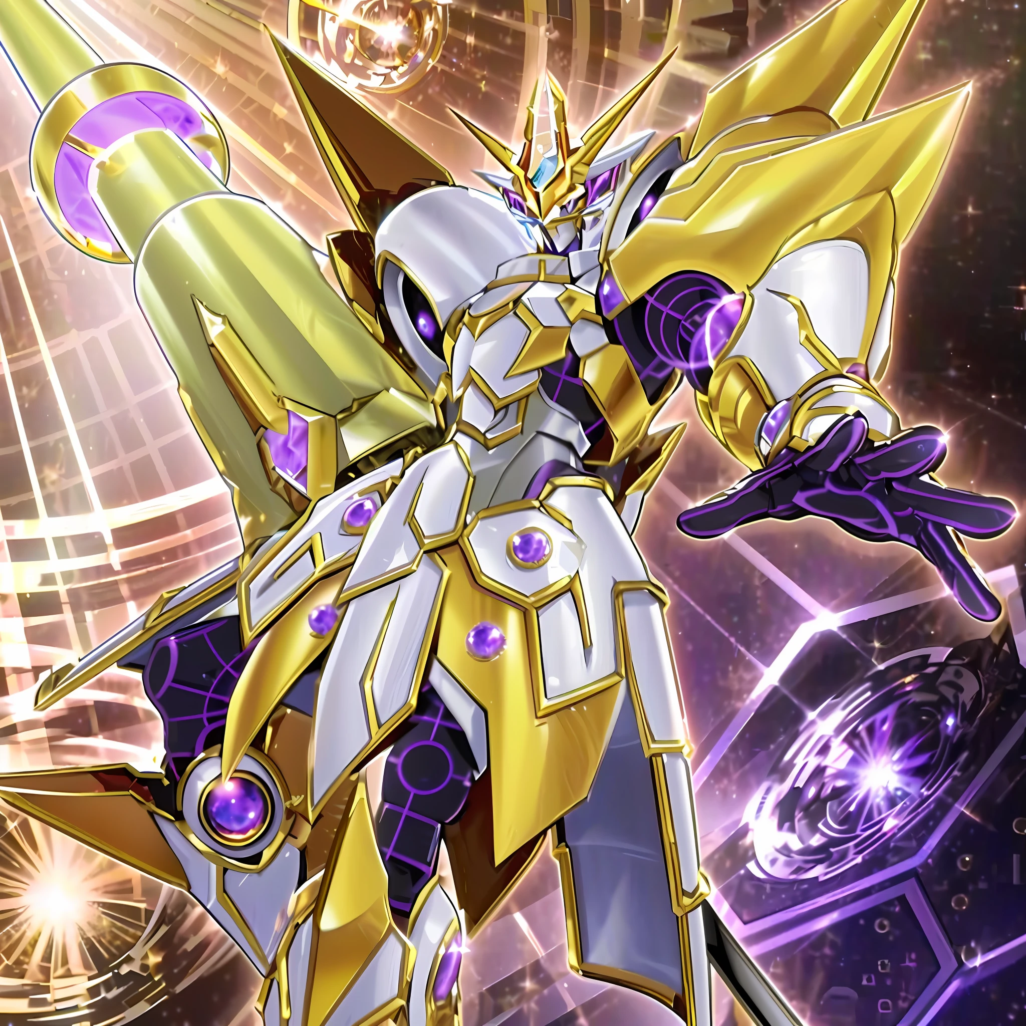 A close-up of a robot with sword and light, golden paladin, gunnier, galactic god, akatsuki void star, detailed image, high detail official artwork, Yugioh artwork, Gemini gold cloth, silver ice reflective armor, super super detailed, infinite celestial library, super giant super super detailed