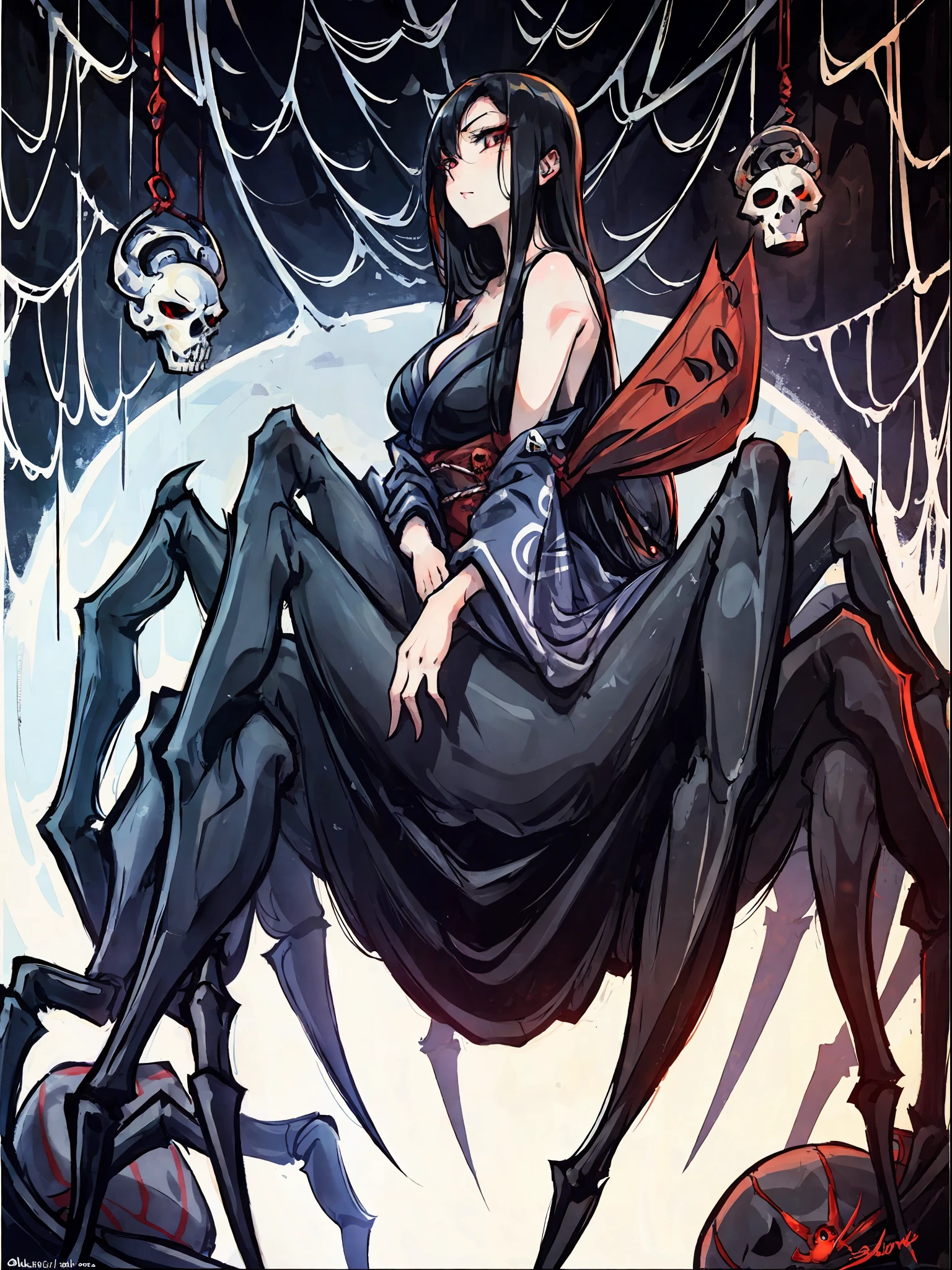 (Arachne: 1.5),
Master-piece, monster, solo, upper body bewitching beauty, lower body is a huge female spider, full body, kimono beauty, black hair straight, bangs snap, crimson lipstick, sink eyes, skull pattern on spider back, background is Japan old castle, ruins, many cobwebs, candlestick, golden rays from the ceiling, skull, spider web, sexy, sensual, indulgence, erotic, high image quality, high definition, accurate drawing, Detailed drawing,