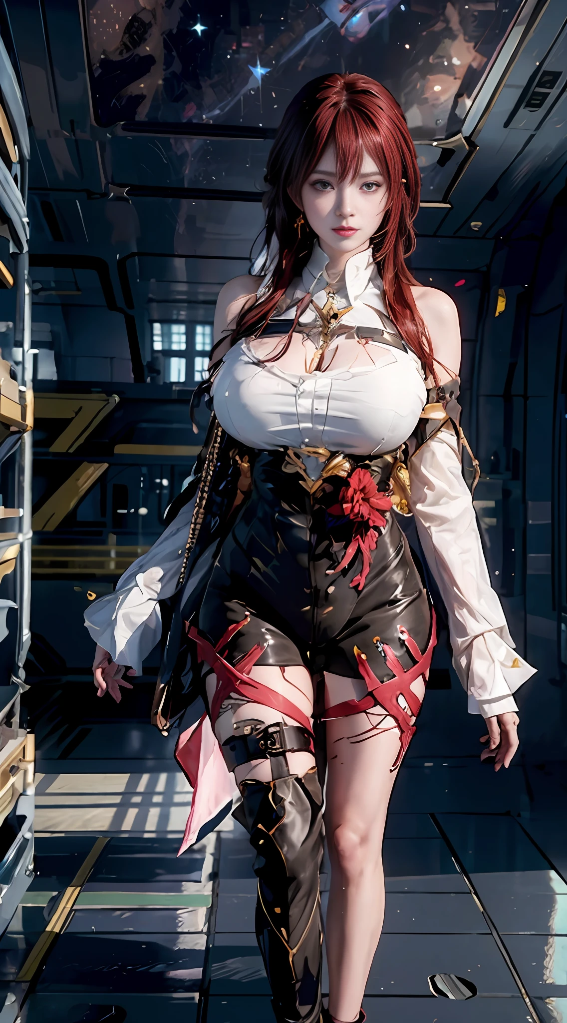 Unreal Engine 5 Realistic Rendering, wearing cosplay from Honkai Star Rail, Honkai Star Rail, game character, cosplayer, walking down hallway of futuristic space station, beautiful face, makeup, top body is hyper realistic thicc muscle and hyper largest_breasts!! with the type of boobs_melons, lower is huge buttocks, jealous, highres, highres, 1080P, UHD, masterpiece, bokeh,