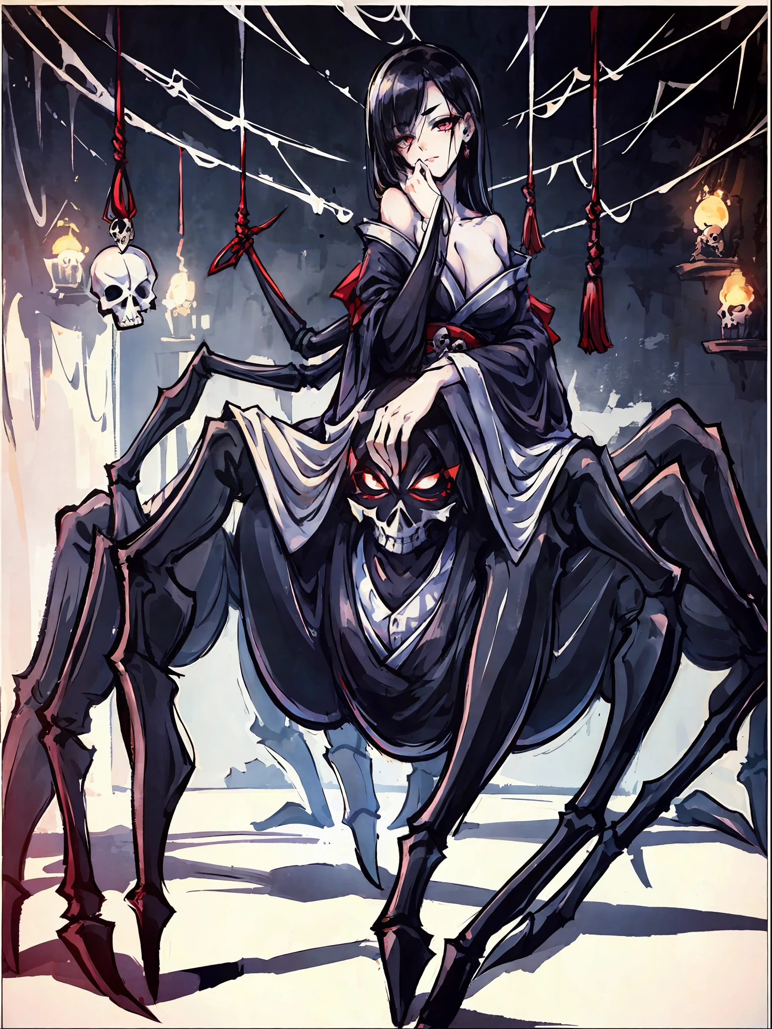 (Arachne: 1.5),
Master-piece, monster, solo, upper body bewitching beauty, lower body is a huge female spider, full body, kimono beauty, black hair straight, bangs snap, crimson lipstick, sink eyes, skull pattern on spider back, background is Japan old castle, ruins, many cobwebs, candlestick, golden rays from the ceiling, skull, spider web, sexy, sensual, indulgence, erotic, high image quality, high definition, accurate drawing, Detailed drawing,