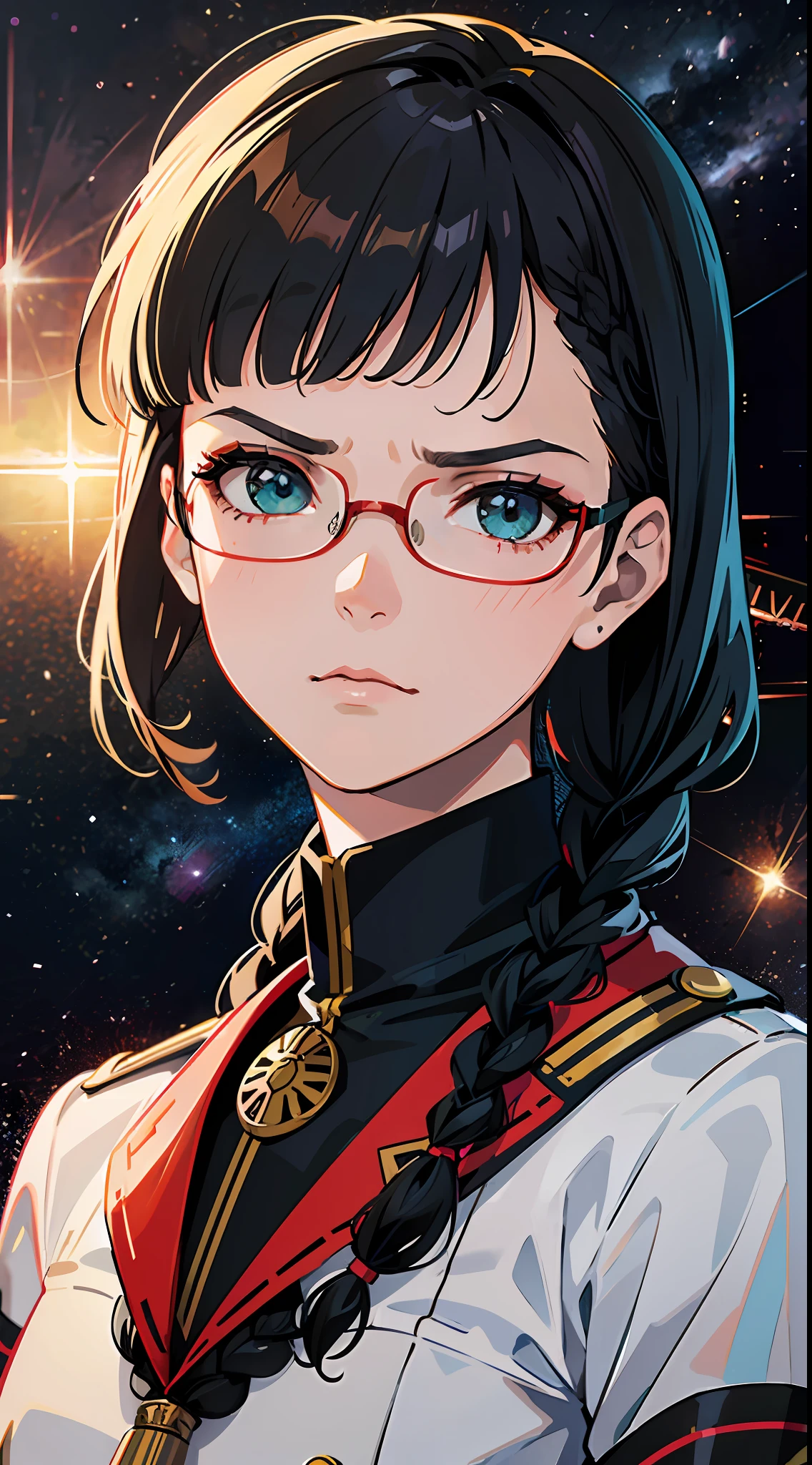Movie Poster,((Braid Hairstyle : 1.5)),Anime Reference 86 ,Science Fiction,Sci-Fi,Movies,War Action Movies,Space,Atmosphere,Sky,Battleship,Multiple Characters,Women,Adults,Green Eyes,Black Hair,(Pia bangs hairstyle) : 1.8 ),(Red Glasses),General Uniform,White Commander Uniform,Serious Face Frowning,Realistic Face Detail,Realism,3D Face,