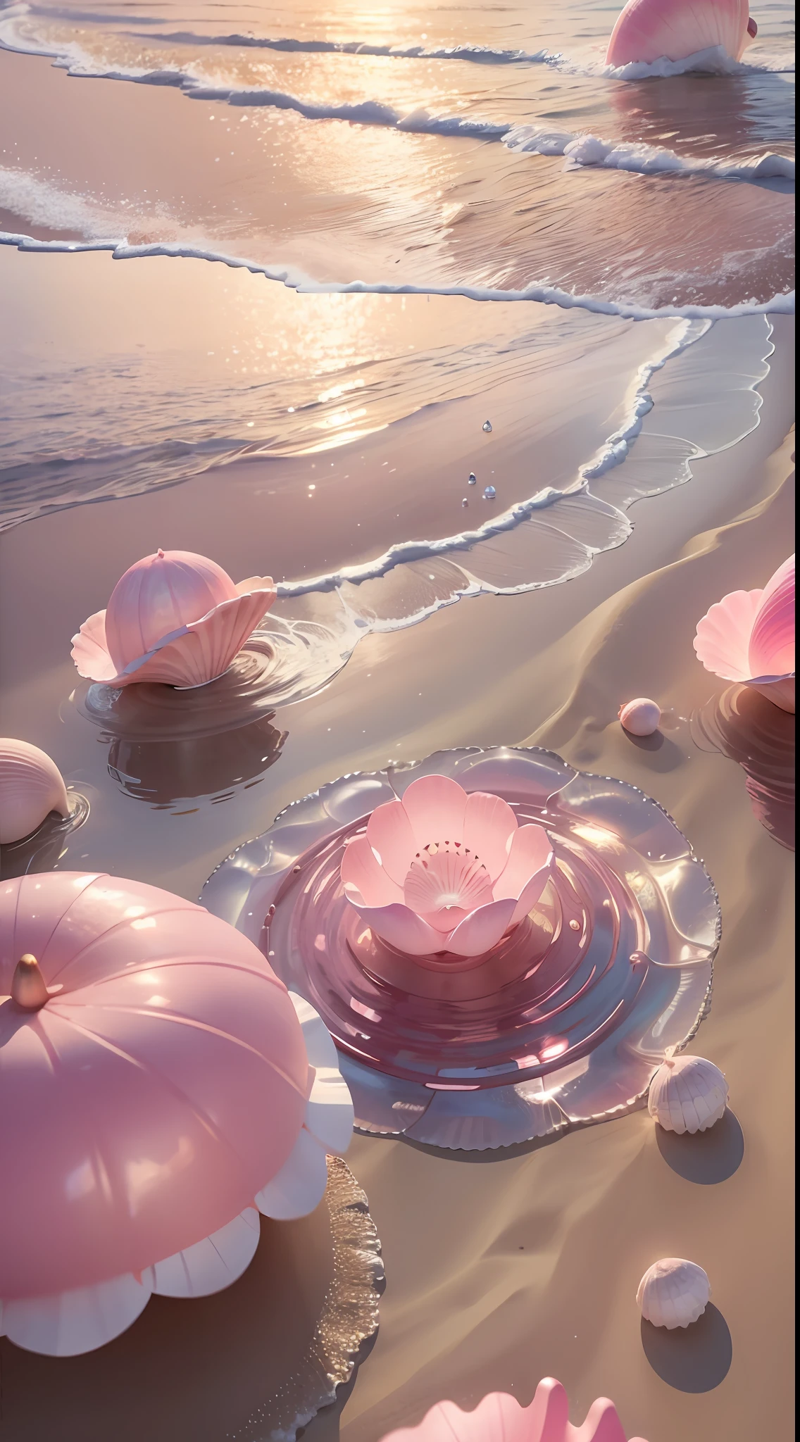 (8k, RAW photo, best quality, masterpiece: 1.2), (realistic, realistic: 1.37) There are many pink shells on the beach, there is water, pearl, pearl and shell, soft spill, pearlization, pink jellyfish everywhere, soft 3D rendering, ethereal bubbles, bubble landscape, Iray shader, soft pink, pink reflection, pearl sky, shells, paradise pink, pastel colors, pink pastels