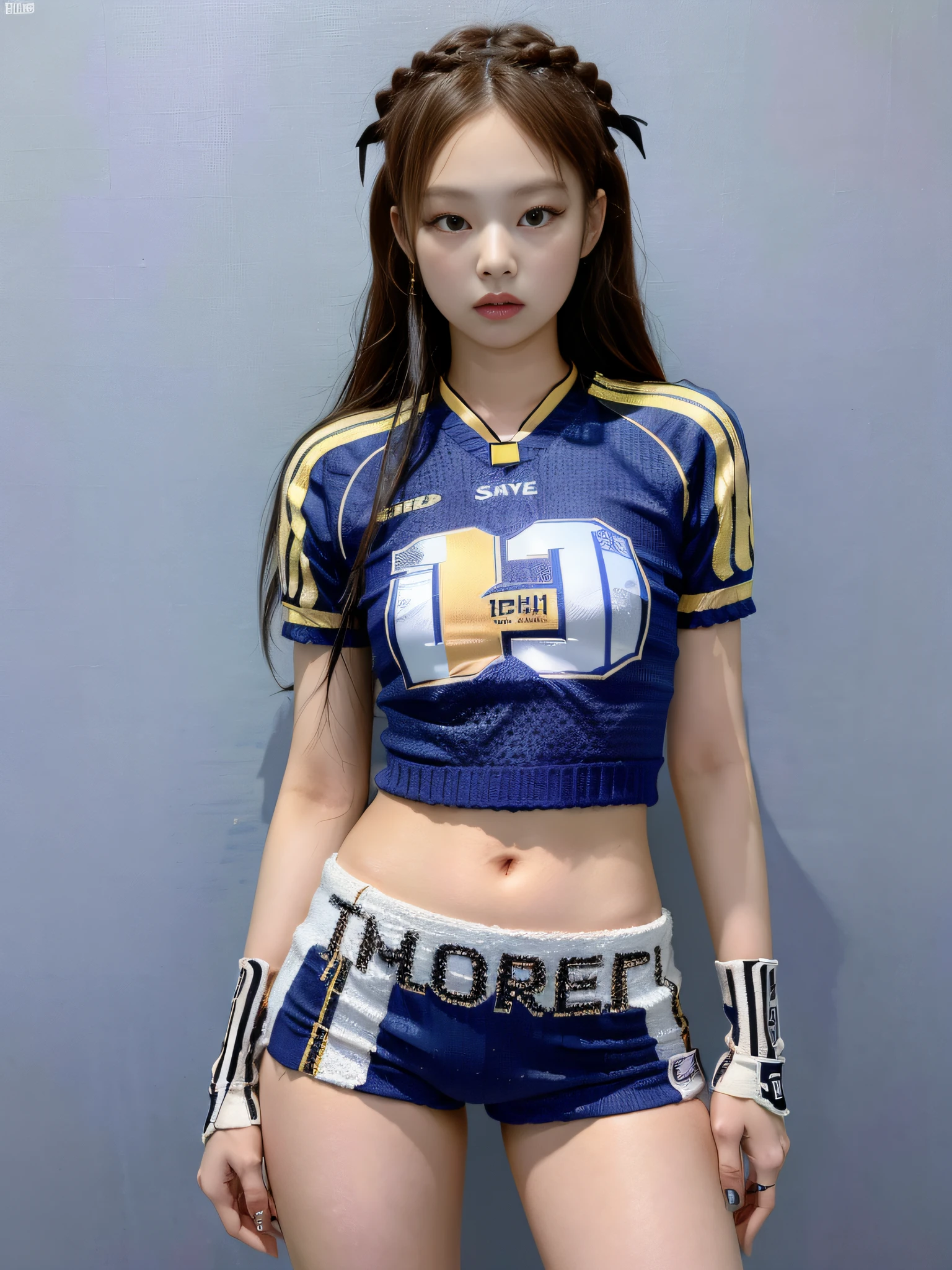 Masterpiece, superlative, realistic, Jennie wearing trendy football uniforms, knitwear, football shorts, HD, photography lighting, 16k