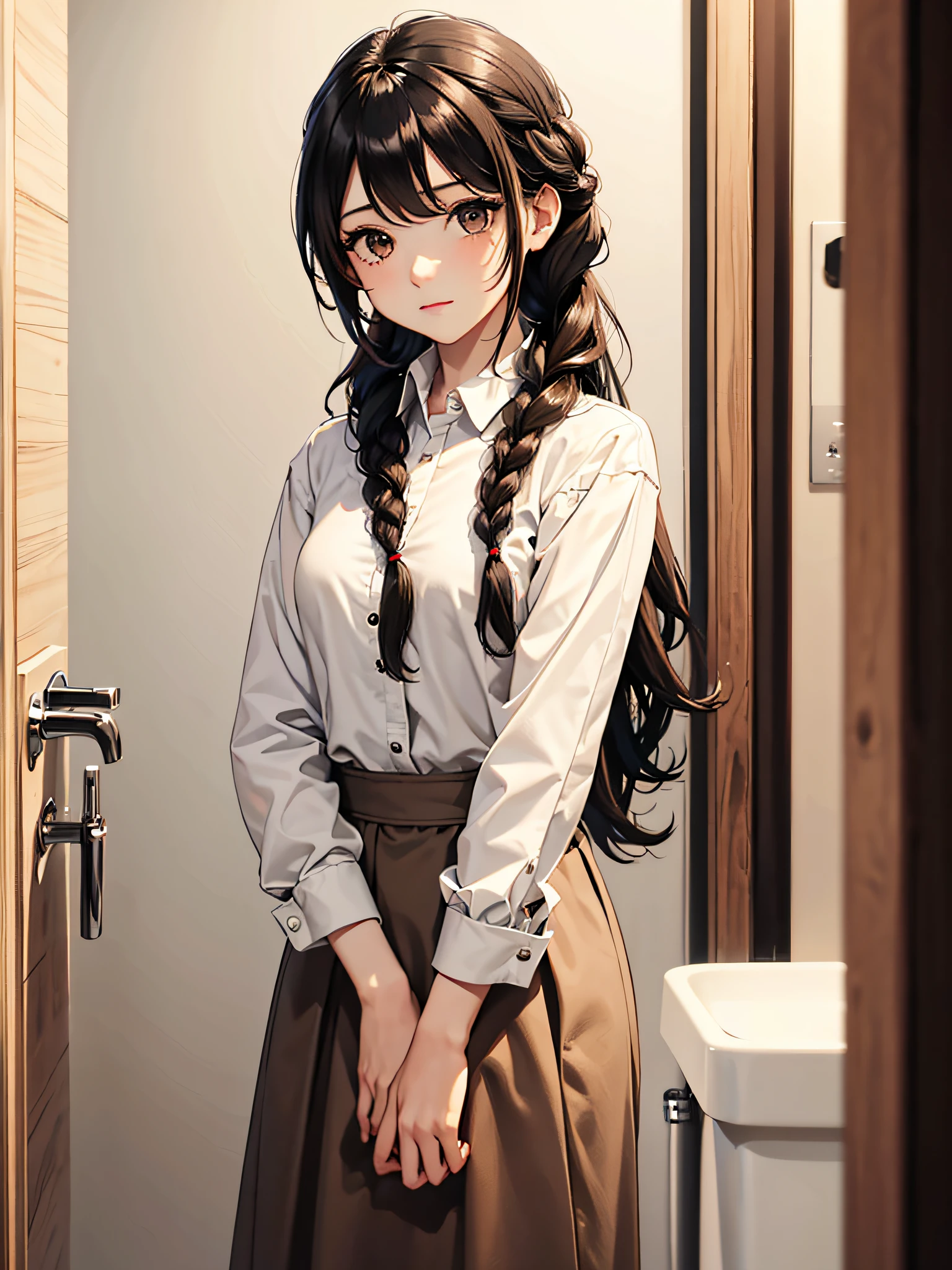 Pretty girl, black twisted braid, portrayed hair details, brown eyes, portrayed eye details, white shirt, bathroom