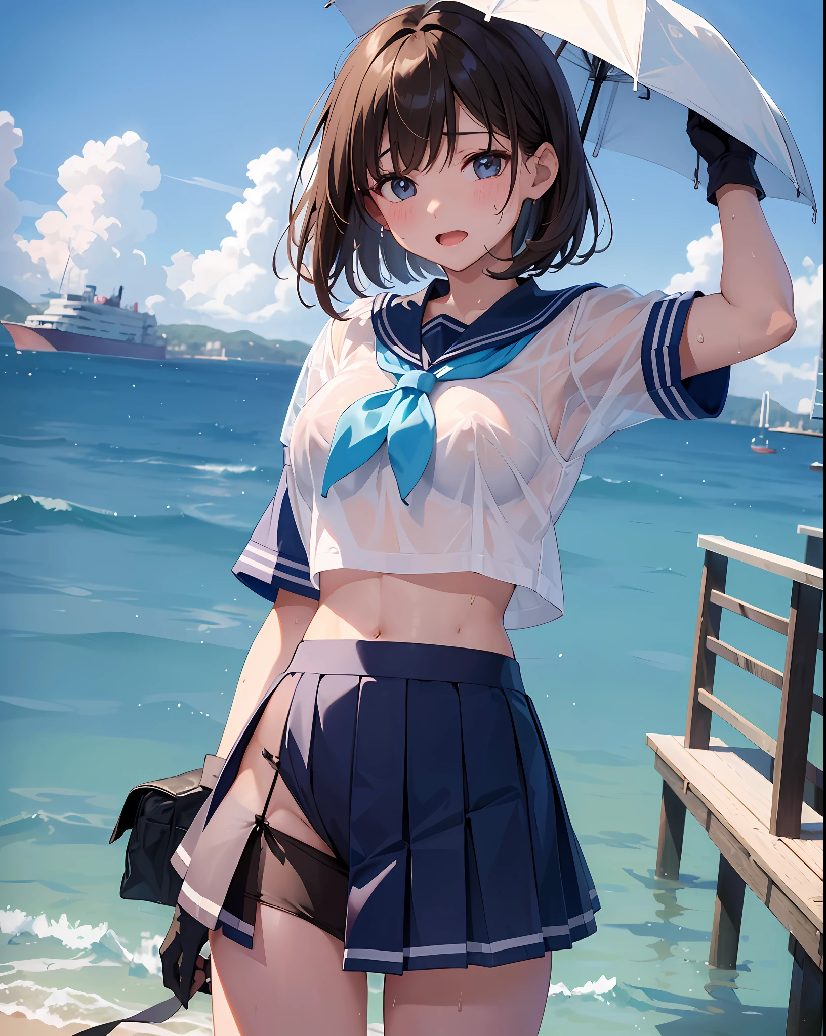ung_tee子、ロリ、wn_hr、medium_bob_hair、blue_midriff_baring_sailor_uniform、mini_skirt、short_sleeve、太もも、big_tits,closed_eyes, 笑顔、open_mouth、立っている,harbor_background、spread_legs、幸せ、NSFW、short_gloves, wet,transparent,covered_nipples, covered_crotch, under_tits, sweat, bare_thighs, (groin1.3)