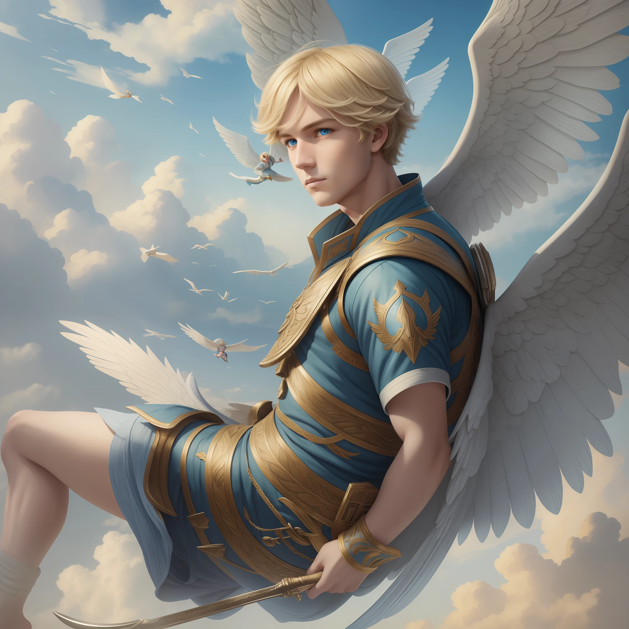 (Masterpiece) 8K resolution, beautiful boy flying with big wings, blonde short bob hair, ash blue eyes, kind face, fantasy style,