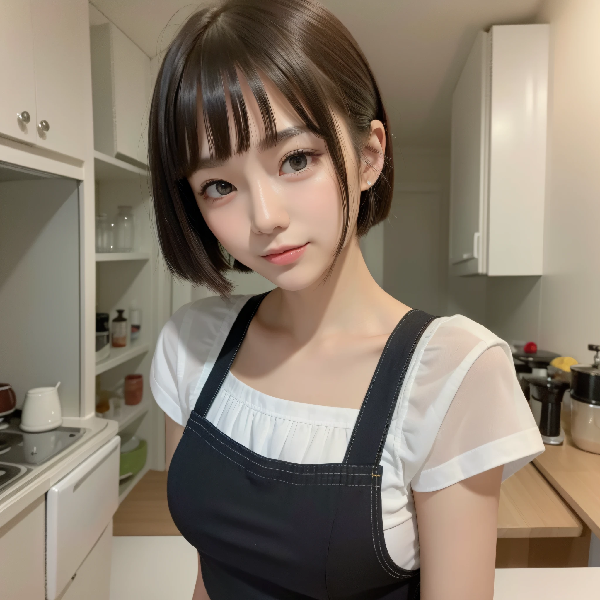 ((top quality, 8K, masterpiece: 1.3)), 1 girl, slim, (hairstyle casual, big: 1.2), apron, super slender face, delicate eyes, double eyelids, smile, kitchen,