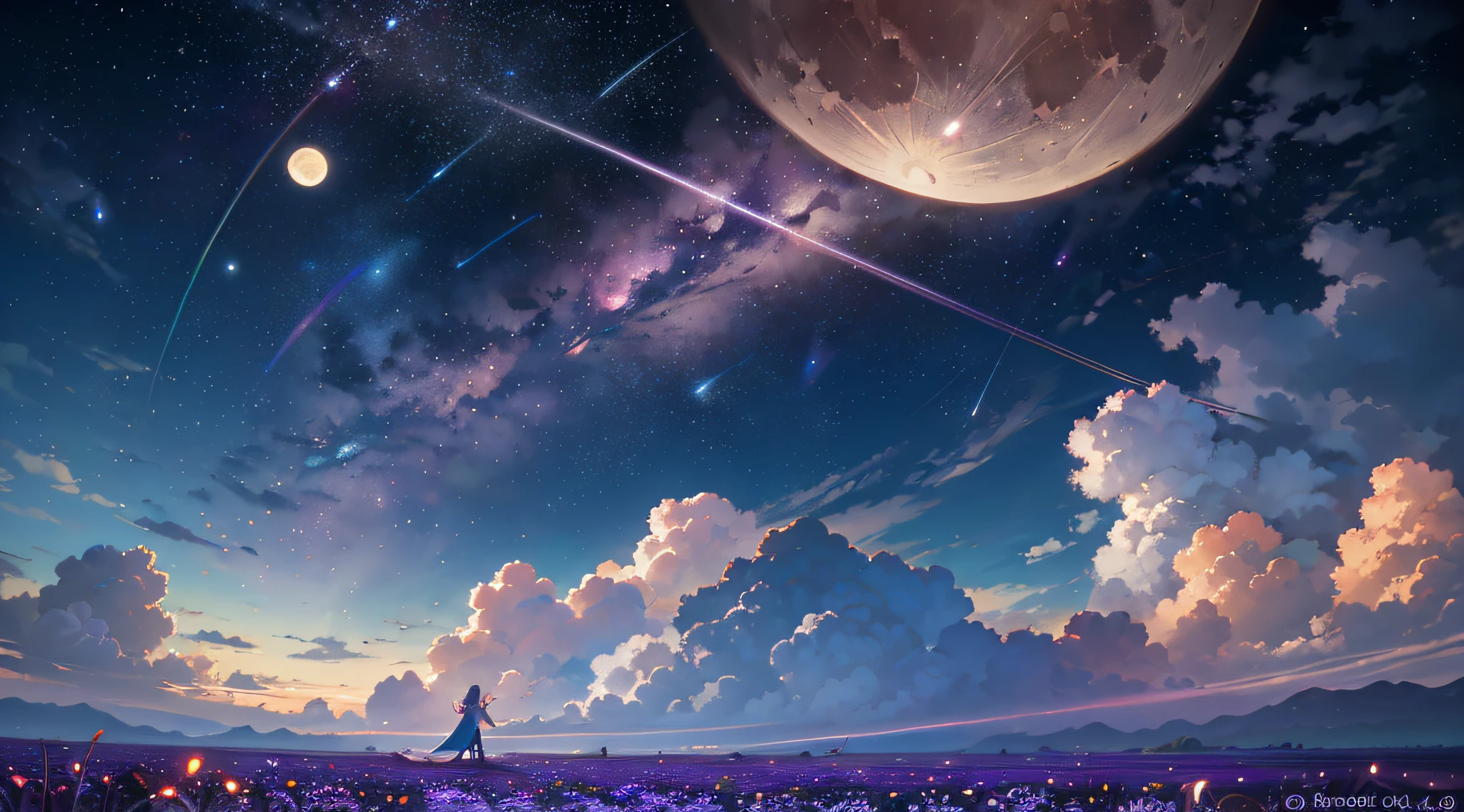 A wide landscape photo, (viewed from below, the sky is above, and the open field is below), a girl standing on a flower field looking up, (full moon: 1.2), (meteor: 0.9), (nebula: 1.3), distant mountains , Trees BREAK Crafting Art, (Warm Light: 1.2), (Firefly: 1.2), Lights, Lots of Purple and Orange, Intricate Details, Volumetric Lighting BREAK (Masterpiece: 1.2), (Best Quality), 4k, Ultra Detailed, (Dynamic Composition: 1.4), Rich in Detail and Color, (Rainbow Color: 1.2), (Glow, Atmospheric Lighting), Dreamy, Magical, (Solo: 1.2)