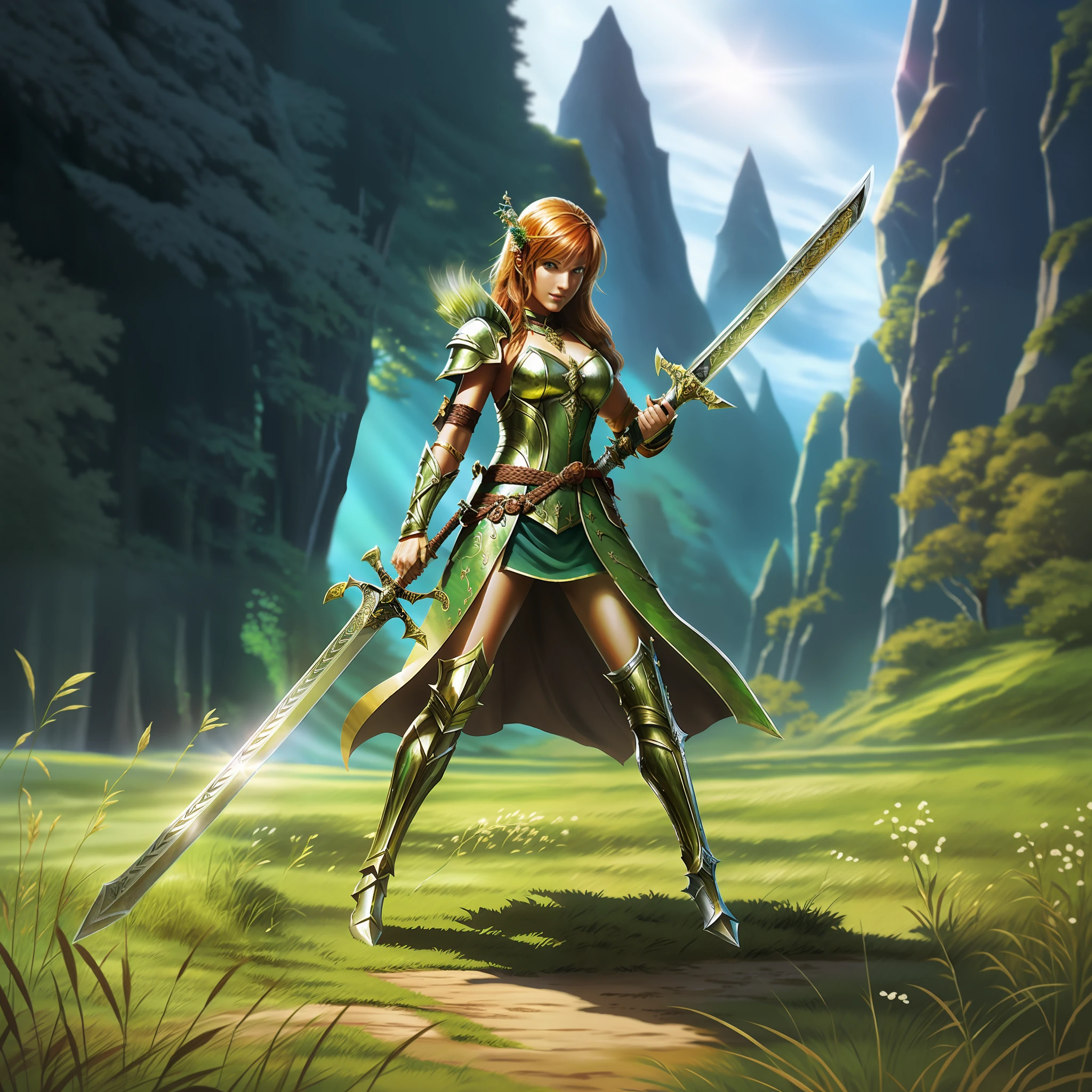 Close-up of a woman holding a sword in the field, full body, ginger sword, war blade weapon, shiny sword, wielding sword, fantasy blade, beautiful sword, huge super large sword, holding fantasy sword, fantasy sword, fantasy sword, warrior sword, ghost blade style, holding a giant sword, wielding a magic sword, holding a giant sword, shining sword, 2K