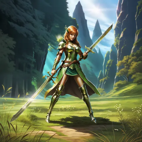 close-up of a woman holding a sword in the field, full body, ginger sword, war blade weapon, shiny sword, wielding sword, fantas...