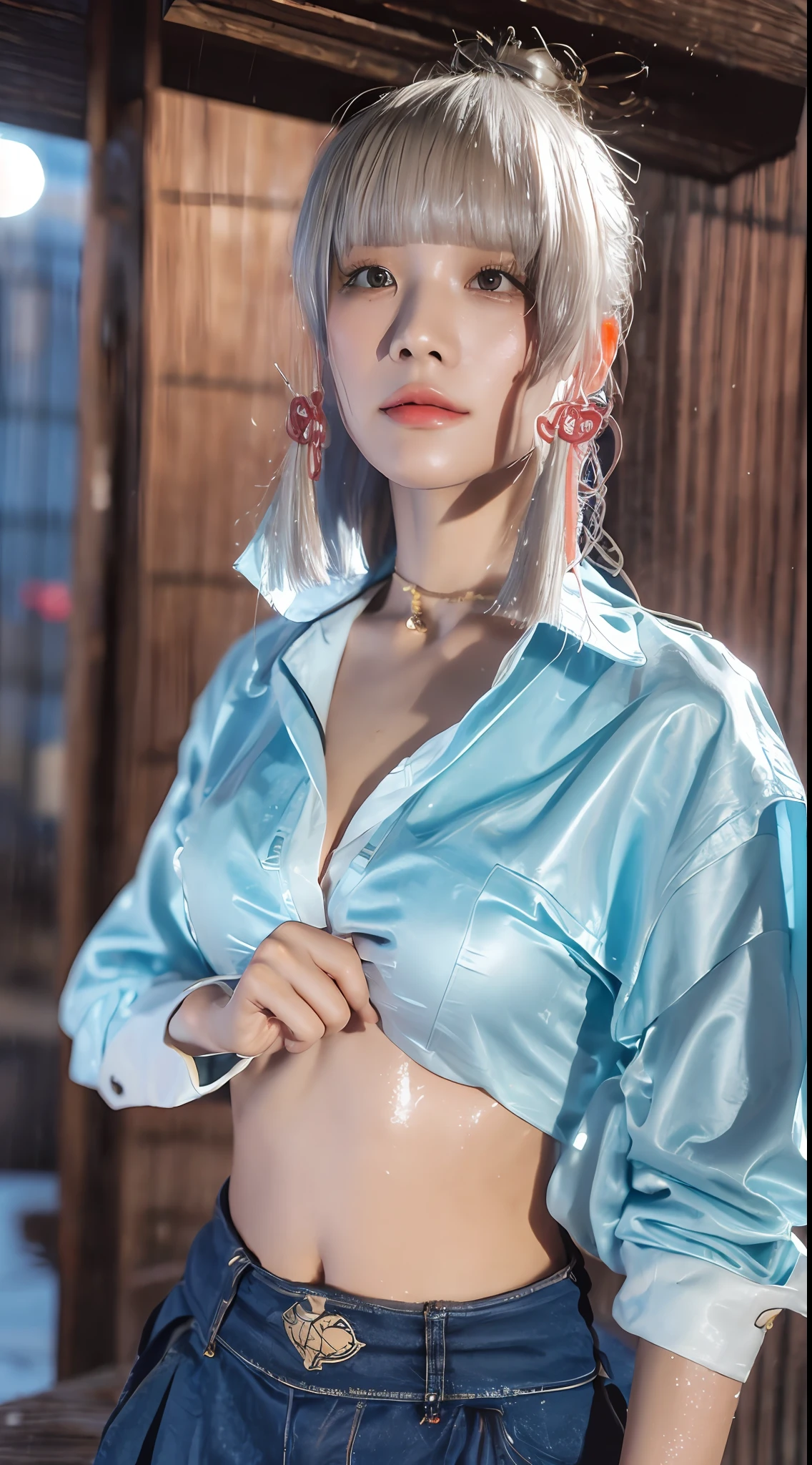 ((Best quality, 8k, Masterpiece: 1.3)), Sharp focus: 1.2, A beautiful woman with perfect body: 1.4, Thin abdomen: 1.2, ((Layered haircut, Large breasts: 1.2)), (No bra) (Small and beautiful hard nipple) (Thin and damp button up to shirt length: 1.1), (White shirt wet by rain), (Rain, Street: 1.2), Wet body: 1.1, Highly detailed facial and skin texture,    Detailed eyes, Double eyelid, tanned skin, sexy, tanned, kamisato ayaka
