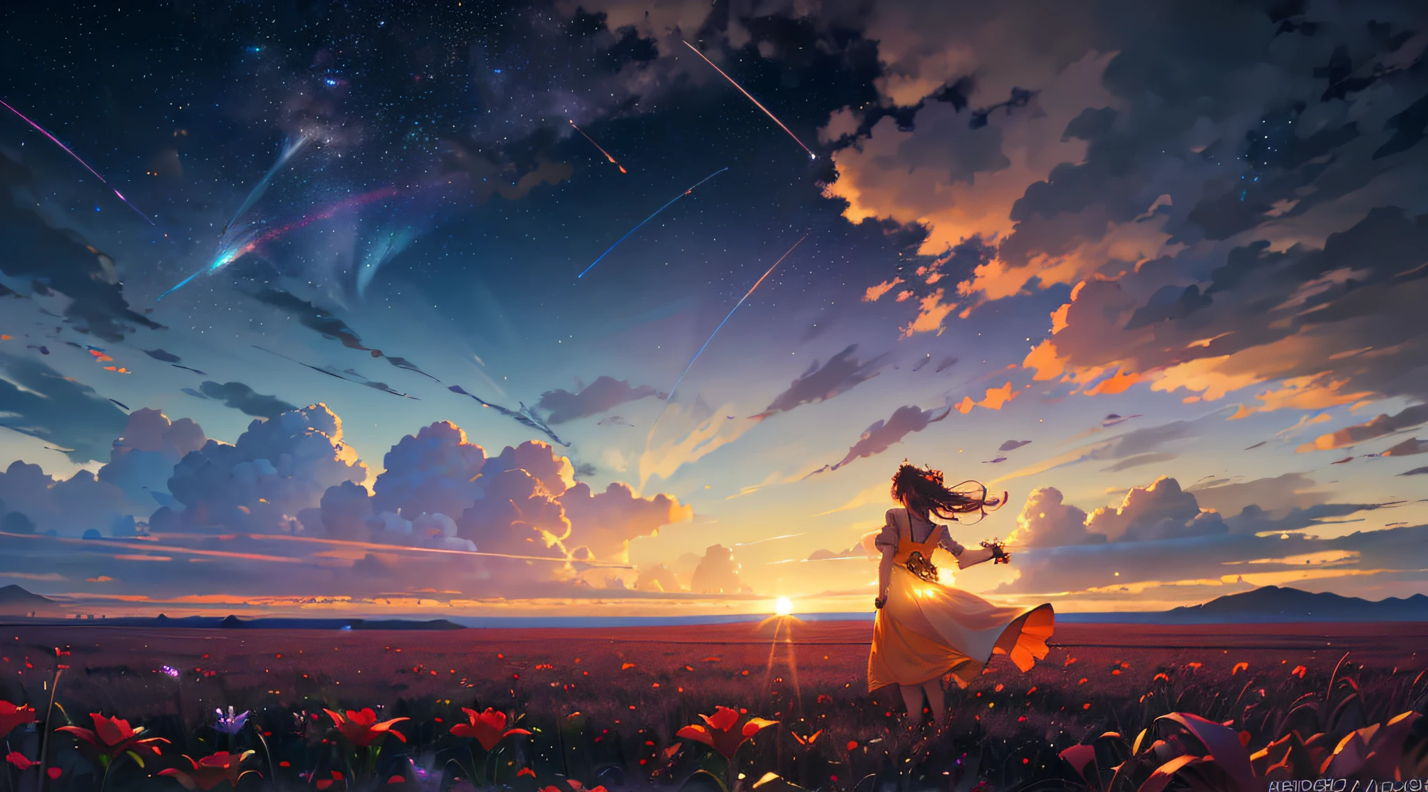 A wide landscape photo, (viewed from below, the sky is above, and the open field is below), a girl standing on a flower field looking up, (full moon: 1.2), (meteor: 0.9), (nebula: 1.3), distant mountains , Trees BREAK Crafting Art, (Warm Light: 1.2), (Firefly: 1.2), Lights, Lots of Purple and Orange, Intricate Details, Volumetric Lighting BREAK (Masterpiece: 1.2), (Best Quality), 4k, Ultra Detailed, (Dynamic Composition: 1.4), Rich in Detail and Color, (Rainbow Color: 1.2), (Glow, Atmospheric Lighting), Dreamy, Magical, (Solo: 1.2)