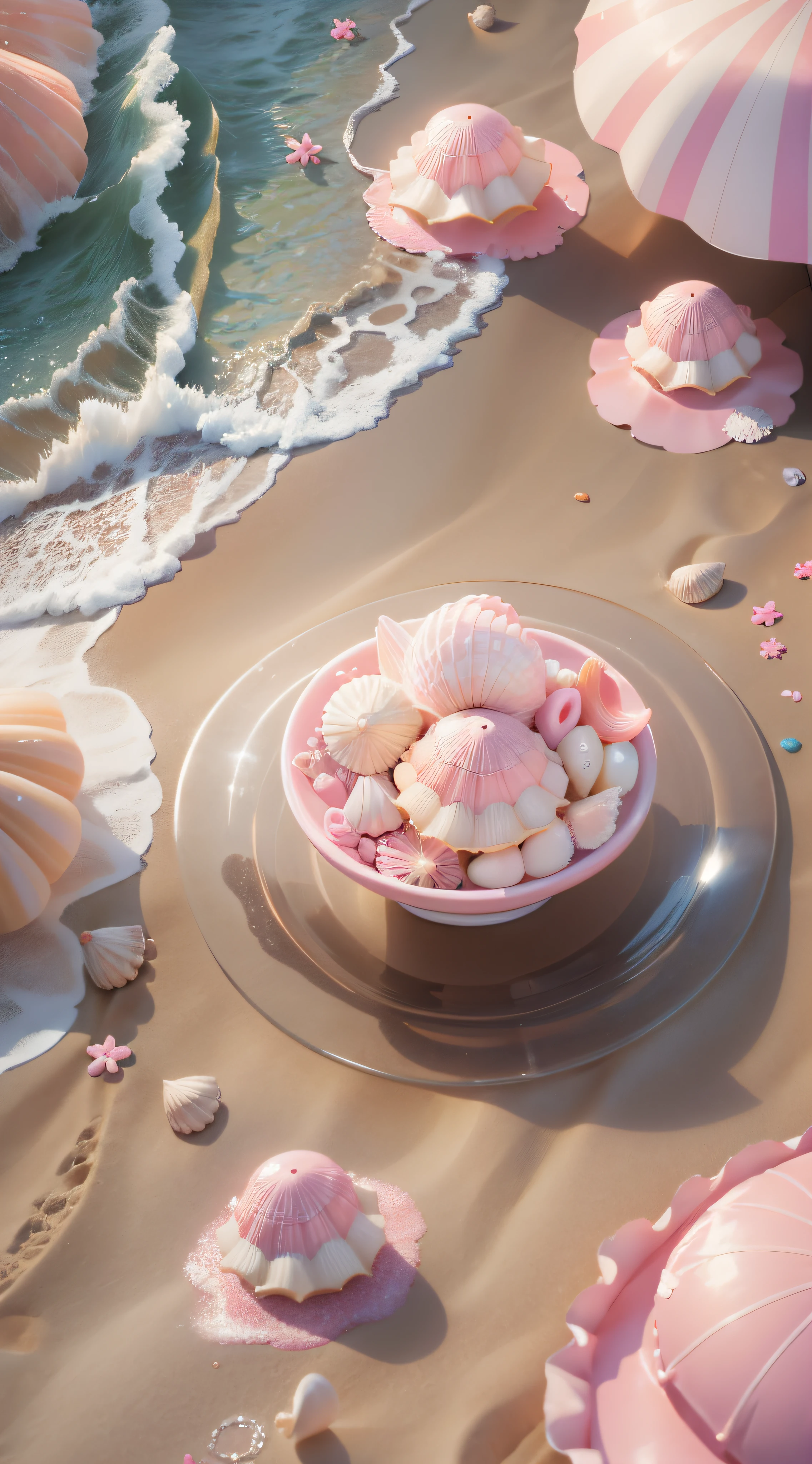 (8k, RAW photo, best quality, masterpiece: 1.2), (realistic, realistic: 1.37) There are many pink shells on the beach, there is water, pearl, pearl and shell, soft spill, pearlization, pink jellyfish everywhere, soft 3D rendering, ethereal bubbles, bubble landscape, Iray shader, soft pink, pink reflection, pearl sky, shells, paradise pink, pastel colors, pink pastels