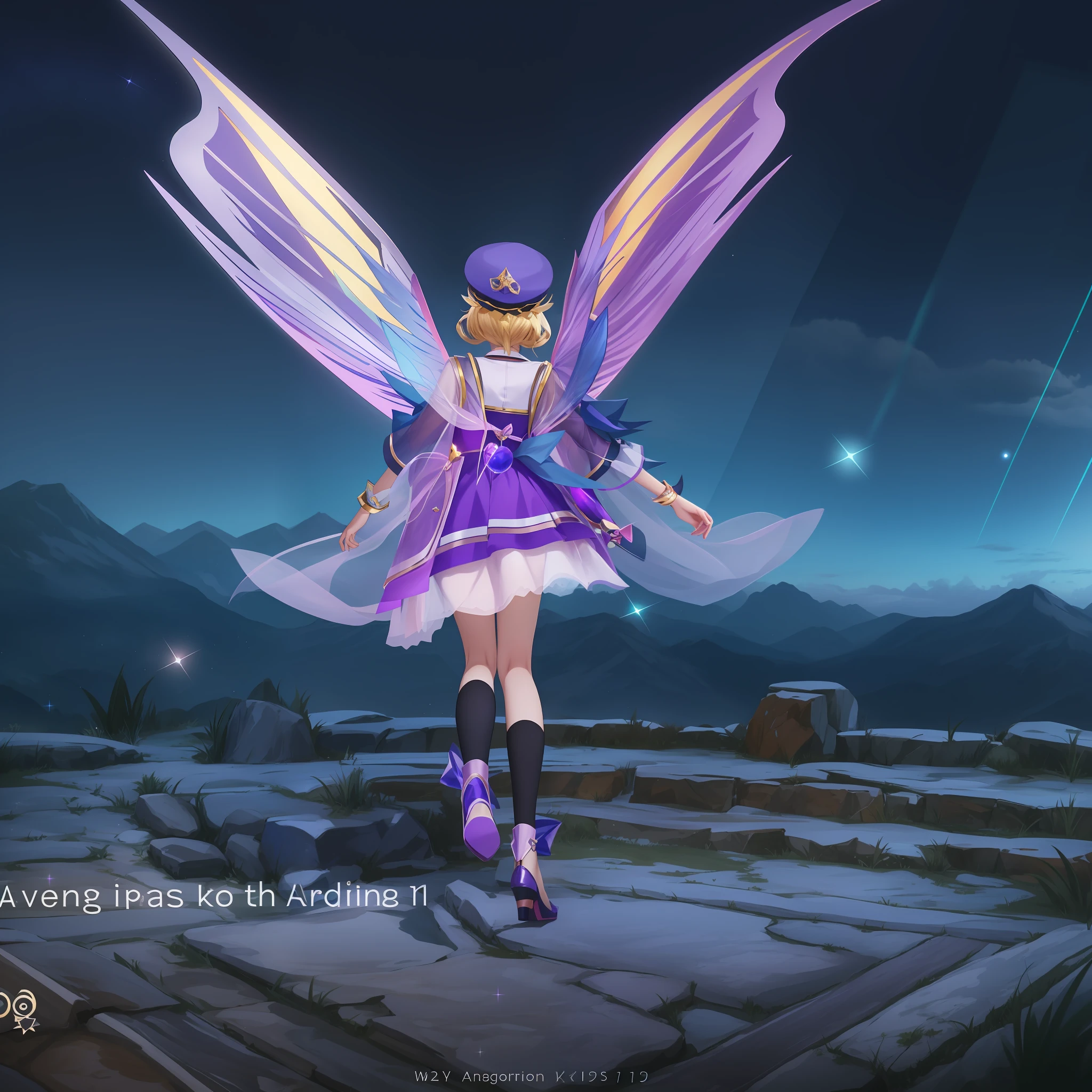 anime - style image of a woman dressed in a purple dress-blue and a purple-blue hat, seraphine ahri kda, star guardian inspired, ayaka genshin impact, mobile legends, tane skin, spellcasting pose, lux from league of legends, lunar themed attire, vivy, ayaka game genshin impact, angel knight girl, wild rift, star guardians, realistic