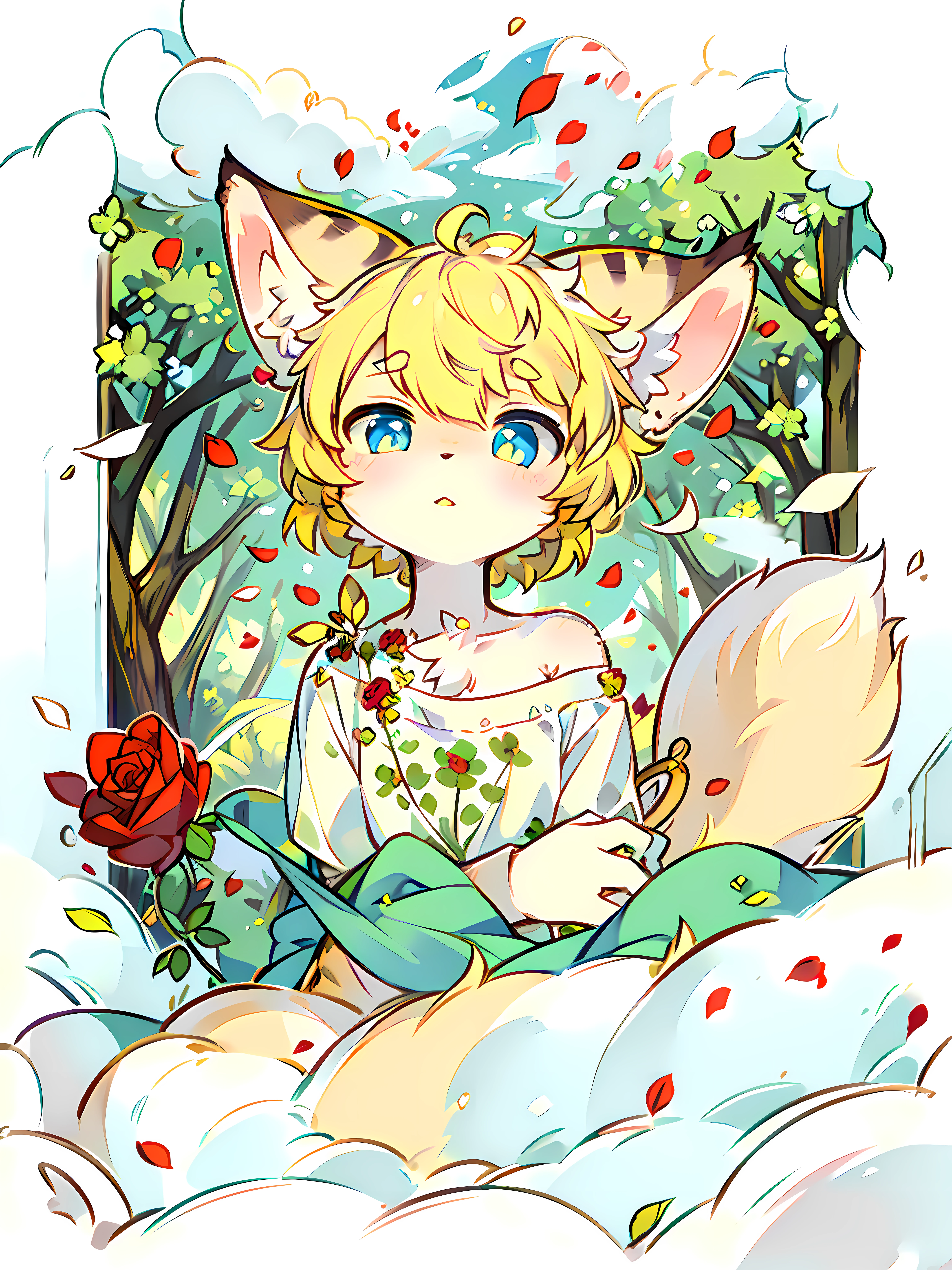 ((Masterpiece)), highest image quality ((furry)), ((pair of yellow cat ears)), ((cat tail)), blue pupils, short hair, leaves, delicate hair, delicate skin, cute, yellow hair, dull hair, delicate eyes, cute beast, rose petals floating in the air, a leaf on the head, Zhengtai, white clouds, forest, sunlight, hair fluttering, garden, masterpiece, wild rose bushes, clover, silly painting style