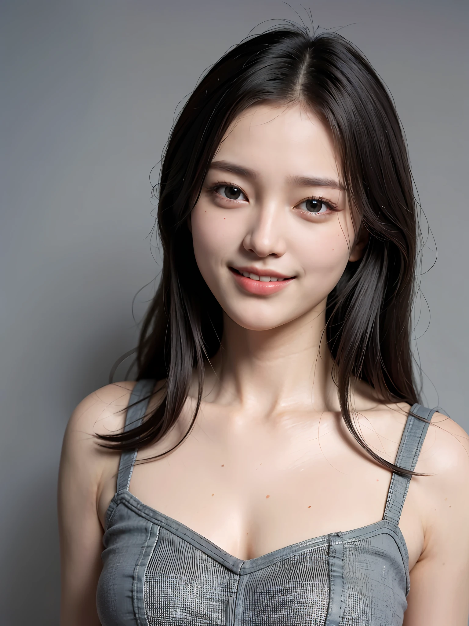 (Gray background: 1.5), (Realism: 1.4), (Best quality: 1.0), (Ultra high resolution: 1.0), 8k, RAW photos, (Masterpiece: 0.2), 1girl, beautiful skin, delicate skin, bright smile, teeth, (Unity: 1.5)