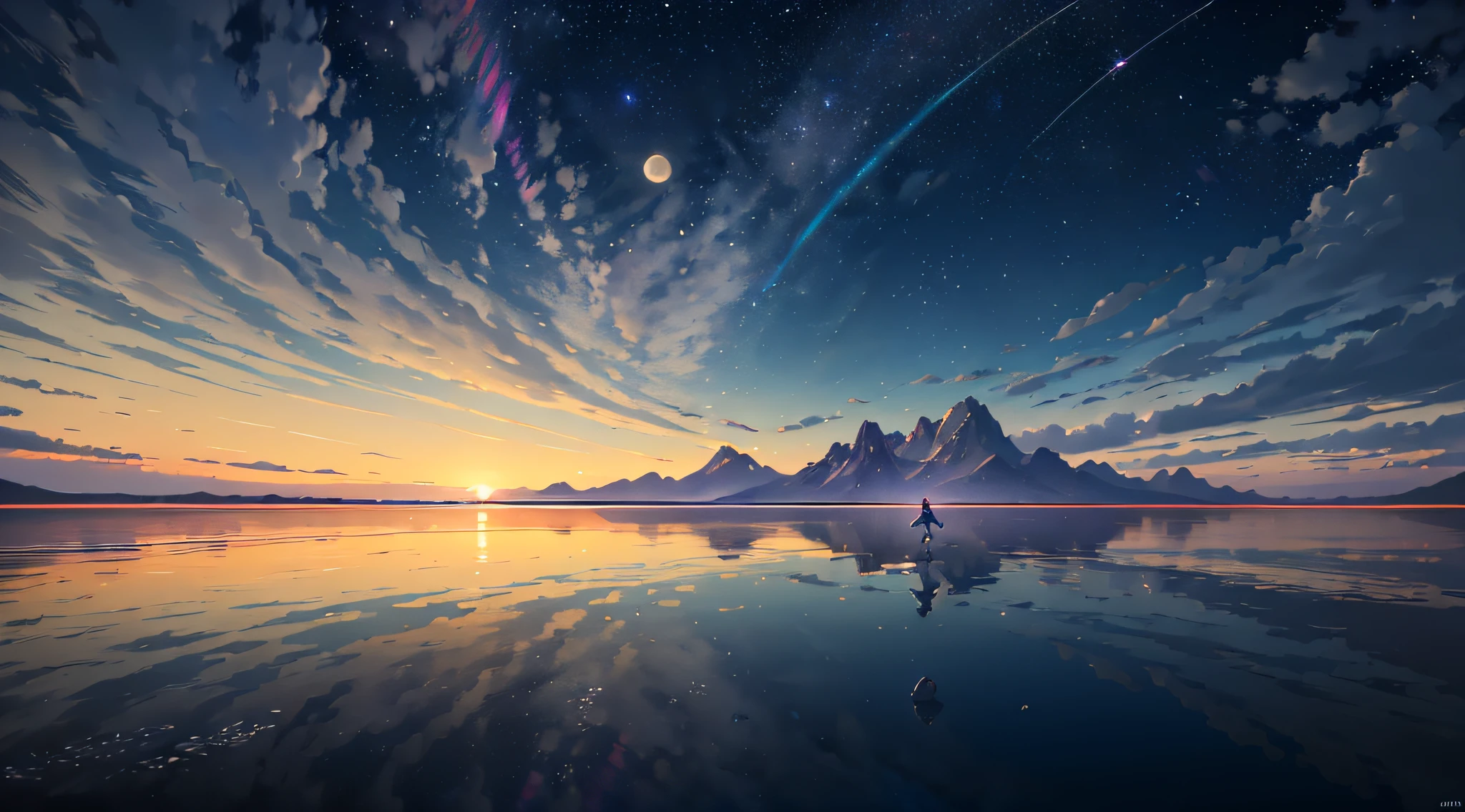 A wide landscape photo, (viewed from below, the sky is above, and the open field is below), a girl standing on a flower field looking up, (full moon: 1.2), (meteor: 0.9), (nebula: 1.3), distant mountains , Trees BREAK Crafting Art, (Warm Light: 1.2), (Firefly: 1.2), Lights, Lots of Purple and Orange, Intricate Details, Volumetric Lighting BREAK (Masterpiece: 1.2), (Best Quality), 4k, Ultra Detailed, (Dynamic Composition: 1.4), Rich in Detail and Color, (Rainbow Color: 1.2), (Glow, Atmospheric Lighting), Dreamy, Magical, (Solo: 1.2)