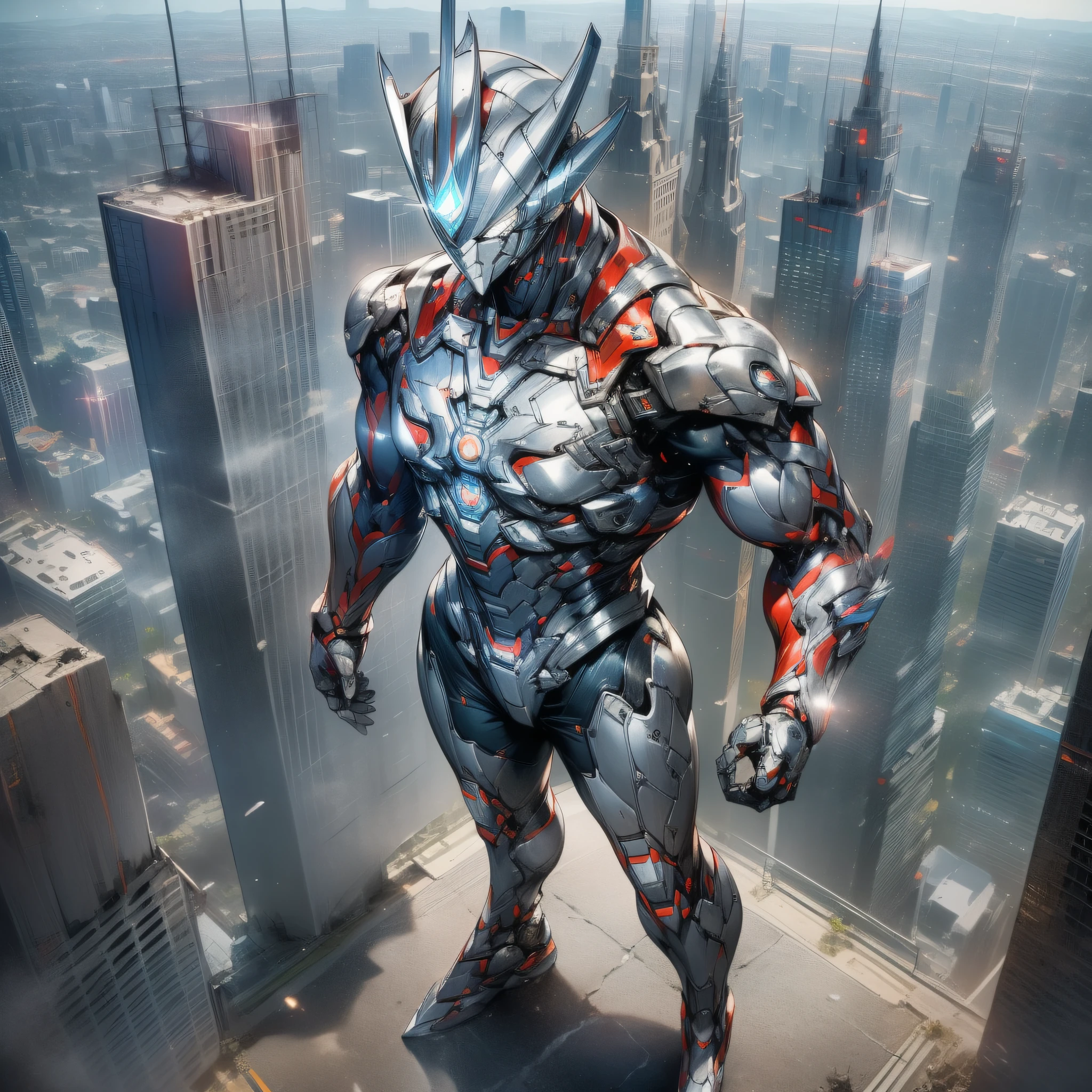 (Masterpiece, Excellent, Ultra Delicate, High Resolution), Male Focus, (((Ultraman))), (((No Muscles))), (His head is tapered, his body is made of red and silver, his arms are streamlined, there is a round calculator on his chest, he looks tall and thin, the overall look is streamlined and modern), (Standing pose), Pose for Photo, High Angle, Dark Night, City Ruins, Background Details, ((((Full Body))), from above, Solo, ((((Sense of Greatness) ))