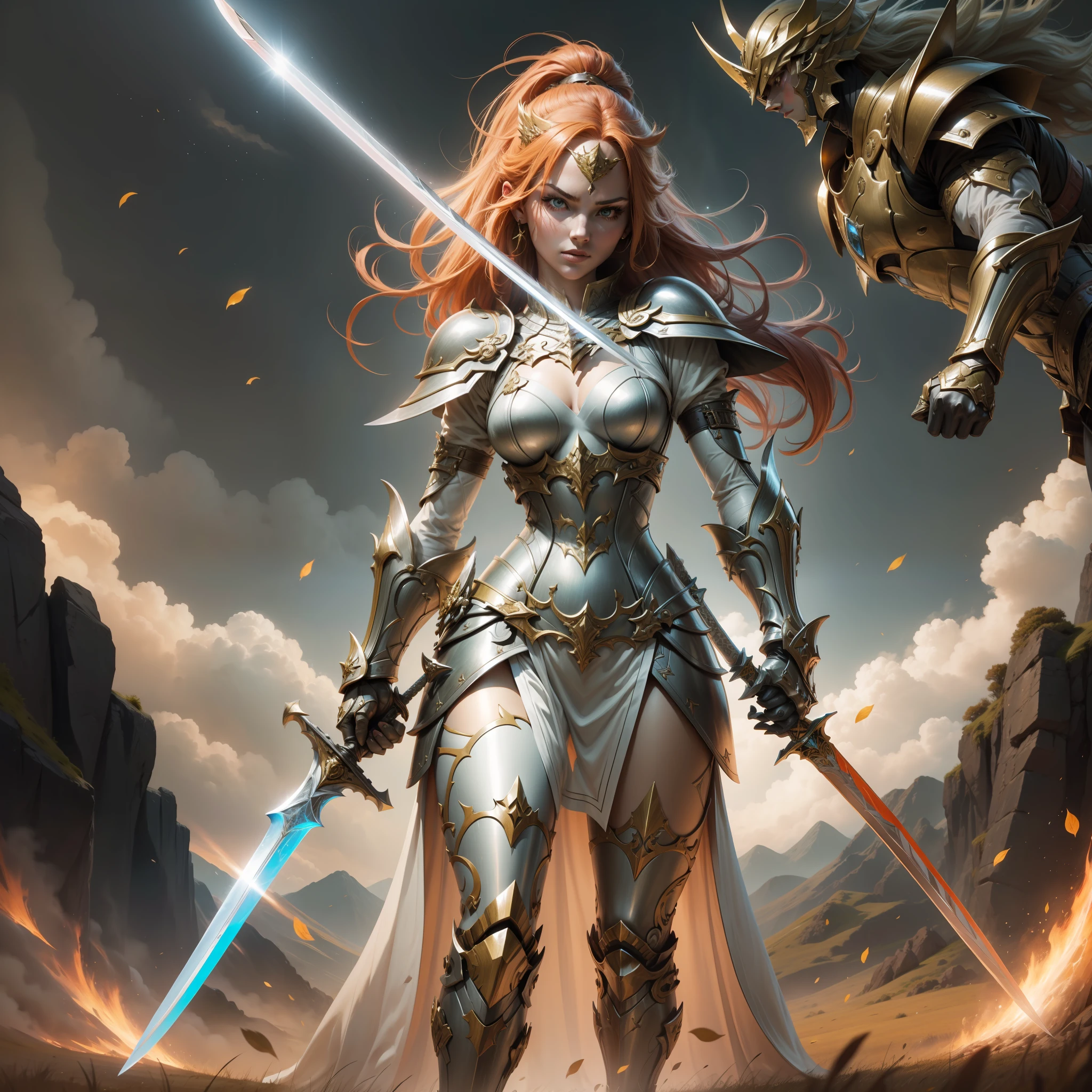 Close-up of a woman holding a sword in the field, full body, ginger sword, war blade weapon, shiny sword, wielding sword, fantasy blade, beautiful sword, huge super large sword, holding fantasy sword, fantasy sword, fantasy sword, warrior sword, ghost blade style, holding a giant sword, wielding a magic sword, holding a giant sword, shining sword, 2K