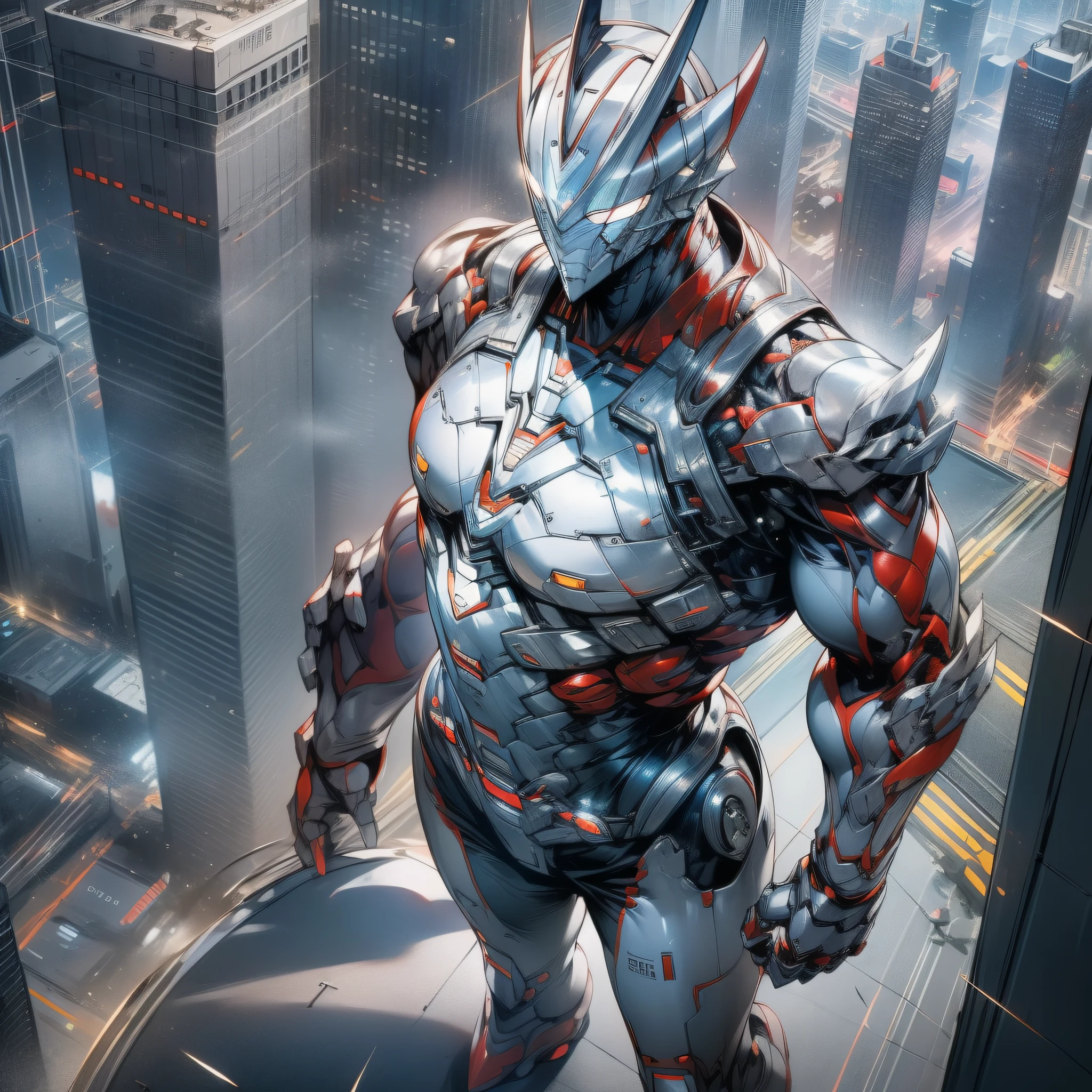 (masterpiece, super-delicate, high resolution), male focus, (((Mobile Ultraman))), (((No muscles))), (his head is tapered, his body is made of red and silver, his arms are streamlined, there is a round calculator on his chest, he looks tall and thin, the overall shape is streamlined and modern), (standing pose), posing for photos, high angle, dark night, city ruins, background details, (((whole body))), from above, solo, (((( Huge feeling)))