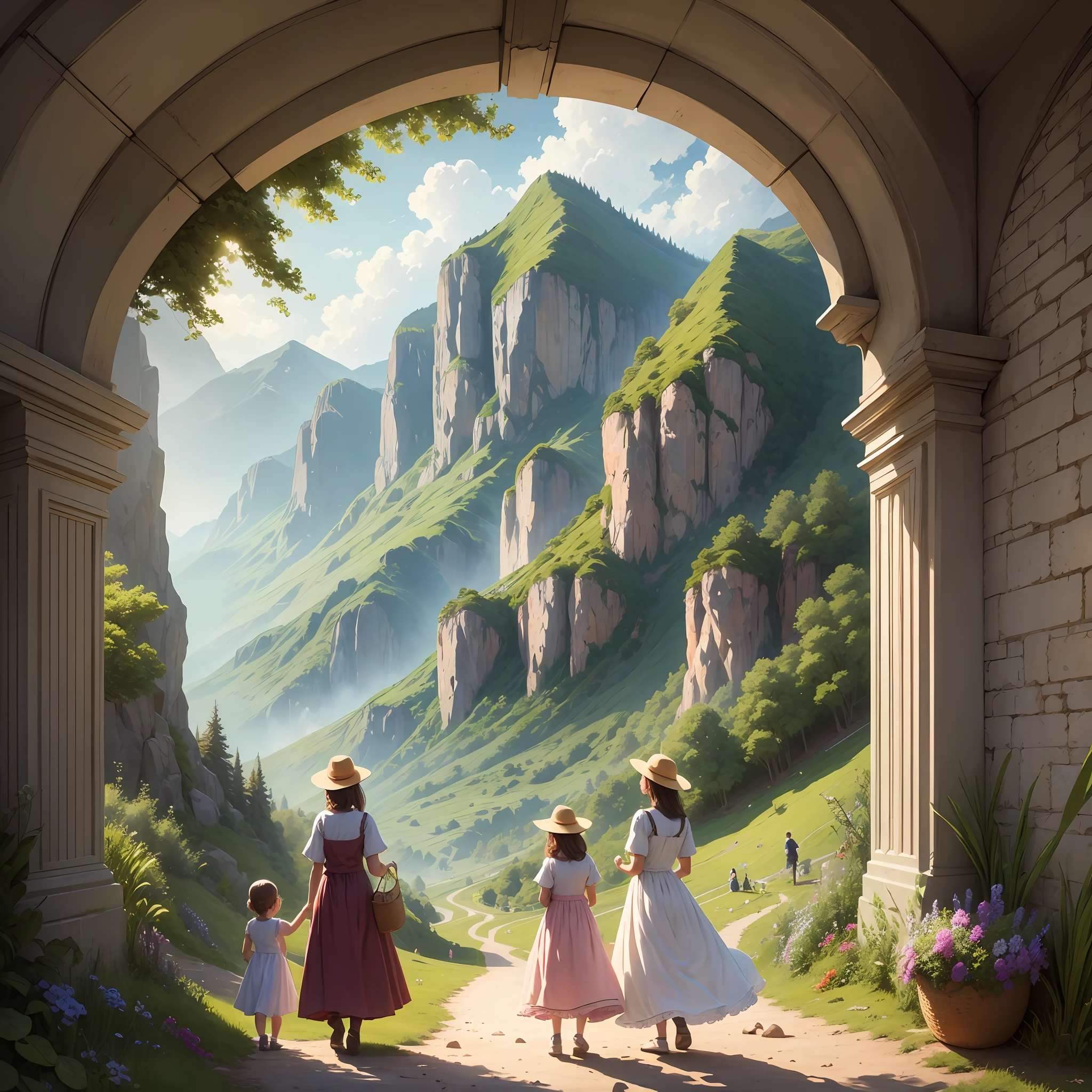 the family and the little girl with dress making a picnic with her father and her mother and her brother and 5 people basket with beautiful fruits and in the background a beautiful landscape of mountains bright colors beautiful drawing --auto --s2