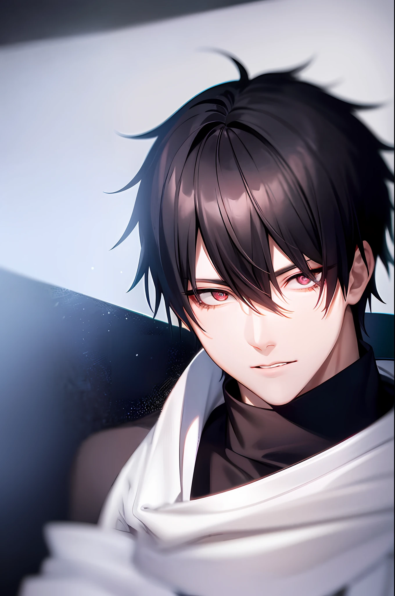 "A beautifully detailed and beautifully rendered CG artwork, the epic black-eyed protagonist Gojou Satoru stands in the soul background looking straight at the viewer, wearing his signature short white sleeves with a glamorous hairstyle with eye-catching bangs and eyes protruding between his bangs and hair, highlighting his unique and stylish short black hair. This vibrant composition subtly showcases his intense male focus, emphasizing his upper body in a way that appeals and engages the viewer with a blue ghost fire in one eye. ”