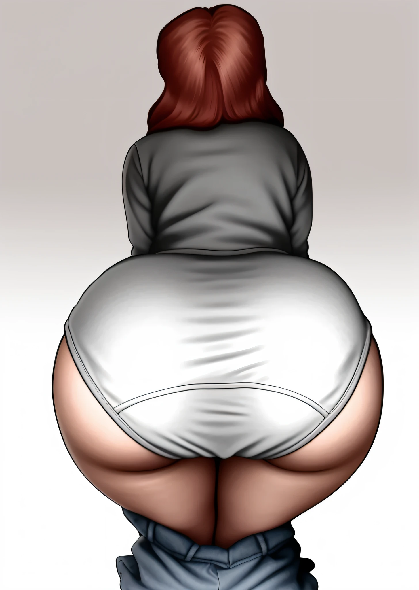Red haired Latina in grey sweater and white cotton panties, bent over, big butt, photo realistic, detailed wrinkles
