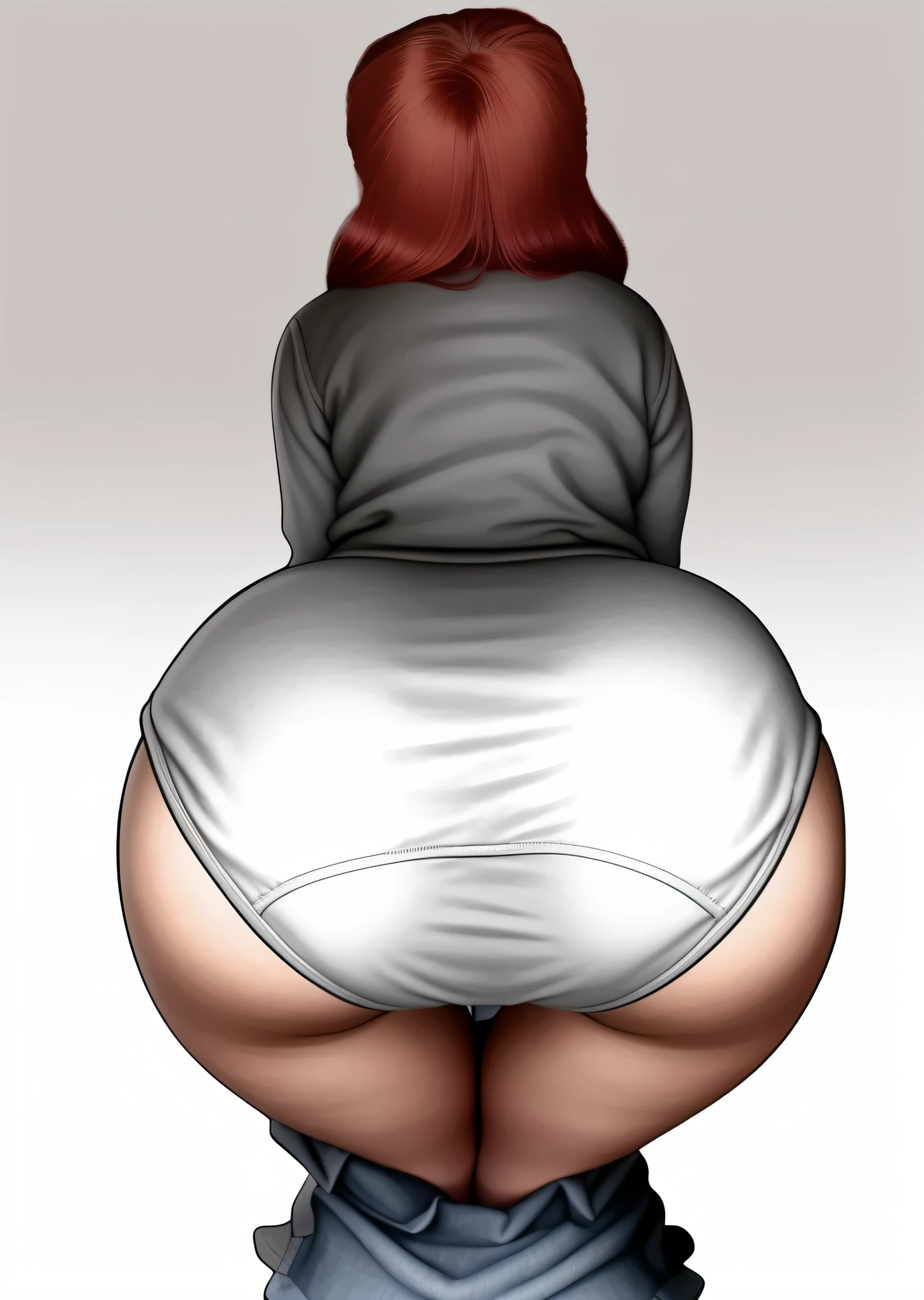 Red haired Latina in grey sweater and white cotton panties, bent over, big butt, photo realistic, detailed wrinkles