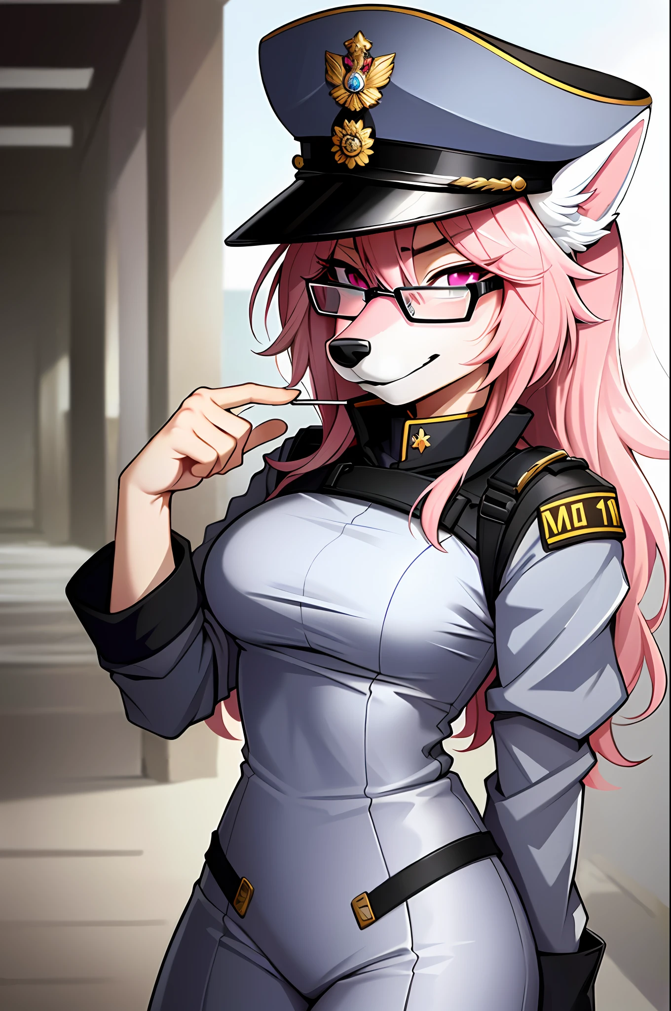 (masterpiece, best quality)), (Anthro Furry:1.3, muzzle:1.2, Anthro:1.3, Furry:1.2, closeup:1.2, female solo:1.2, (wearing Russian military coat) military pants, wearing glasses, Fox spiraled in the colors of Funtime Foxy,Five Nights at Freddy,white skin pink details, pink eyes, sexy position, deserted ambient place, Russian general military hat.