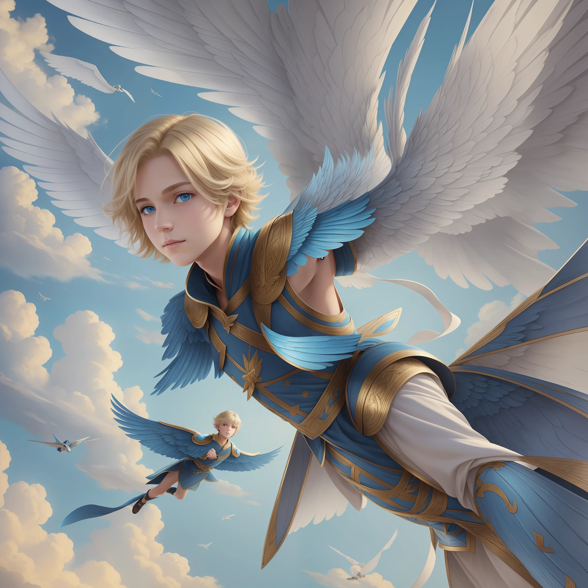 (Masterpiece) 8K resolution, beautiful boy flying with big wings, blonde short bob hair, ash blue eyes, kind face, fantasy style,