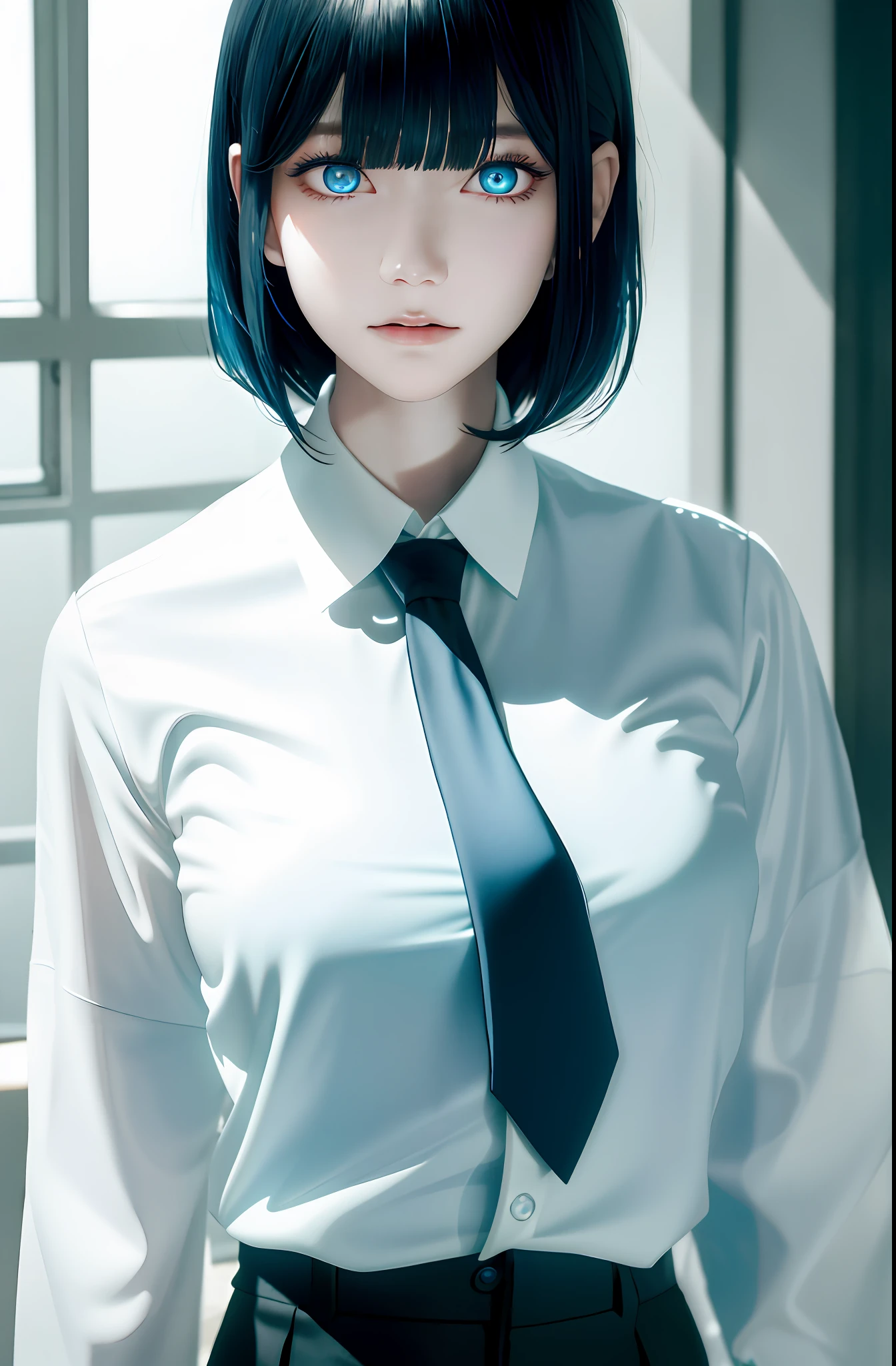 Masterpiece, (Photorealistic: 1.4), Top Quality, Beautiful Lighting, (ulzzang-6500:0.5), Makima \(Chainsaw Man\), (Bob Hair) + (Black Hair) + (Bangs), Blue Eyes, Blue Eyes, (((Ring-shaped Eyes)), (White Shirt), (Tie), RAW Photography, 8k UHD, Film Grain