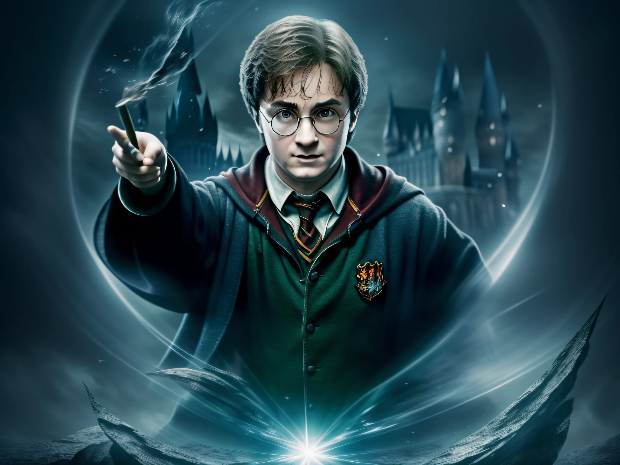 Create a mesmerizing, full-body portrait of Harry Potter, capturing his essence in exquisite detail. The image should have a raw and authentic feel, showcasing the depth of his character. Utilize high-definition technology to produce a hyper-realistic masterpiece, rendering every intricate feature with stunning precision. The resolution should be in breathtaking 8K, allowing viewers to immerse themselves in the magical world of Harry Potter.
