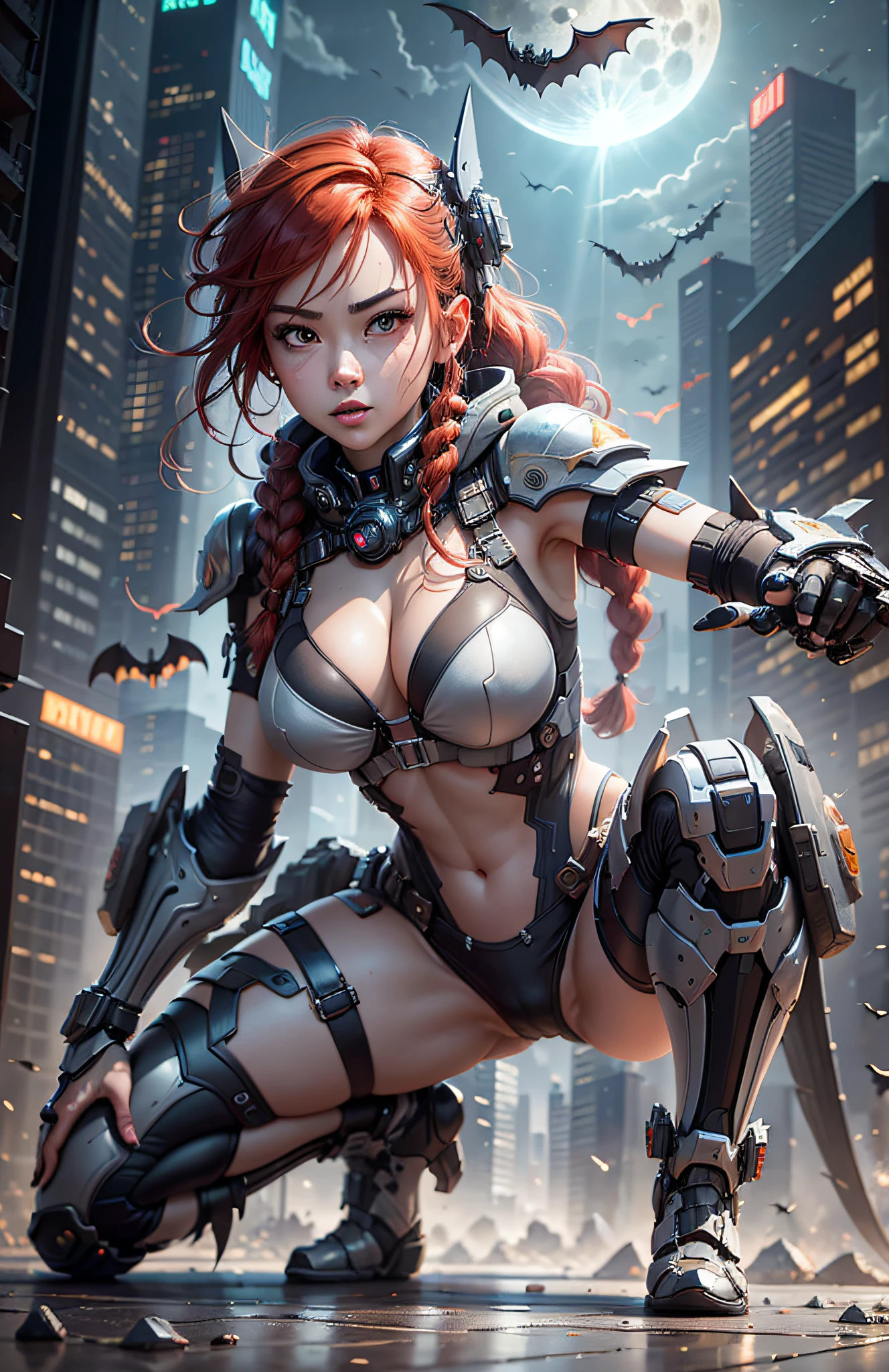 (Best Quality)), ((Masterpiece)), (Very Detailed: 1.3), 3D, Beautiful cyberpunk woman, batman cosplay, sci-fi technology, HDR (High Dynamic Range), ray tracing, nvidia RTX, super resolution, unreal 5, subsurface scattering, PBR texture, post-processing, anisotropic filtering, depth of field, maximum sharpness and sharpness, multi-layer texture, specular and albedo mapping, surface shading, accurate simulation of light-material interactions, perfect proportions, octane rendering, duotone lighting, low ISO, white balance, rule of thirds, wide aperture, 8K RAW, high efficiency subpixels, subpixel convolution, light particles, light scattering, Tyndall effect, very sexy bikini, full body, battle pose, red hair with braids, bats in the sky notuno, full moon,