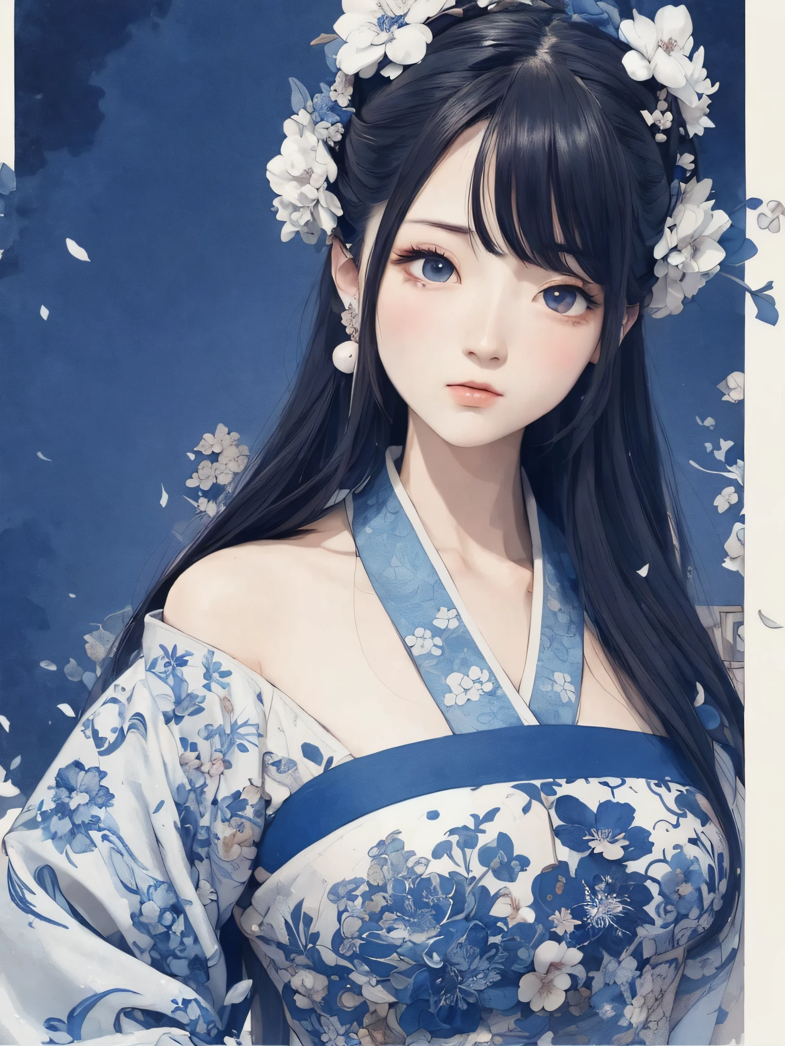 A painting, a woman in a blue and white dress with flowers in her hair, blue and white porcelain style, Hanfu girl, Japanese art style, ancient Chinese art style, beautiful figure painting, Chinese painting style, with ancient Chinese aesthetics, Chinese style, beautiful artwork illustration, Chinese traditional art, oriental art style, blue and white porcelain exhibition, beautiful anime portrait character composition in the lower left corner, blue and white porcelain background decoration in the upper right corner