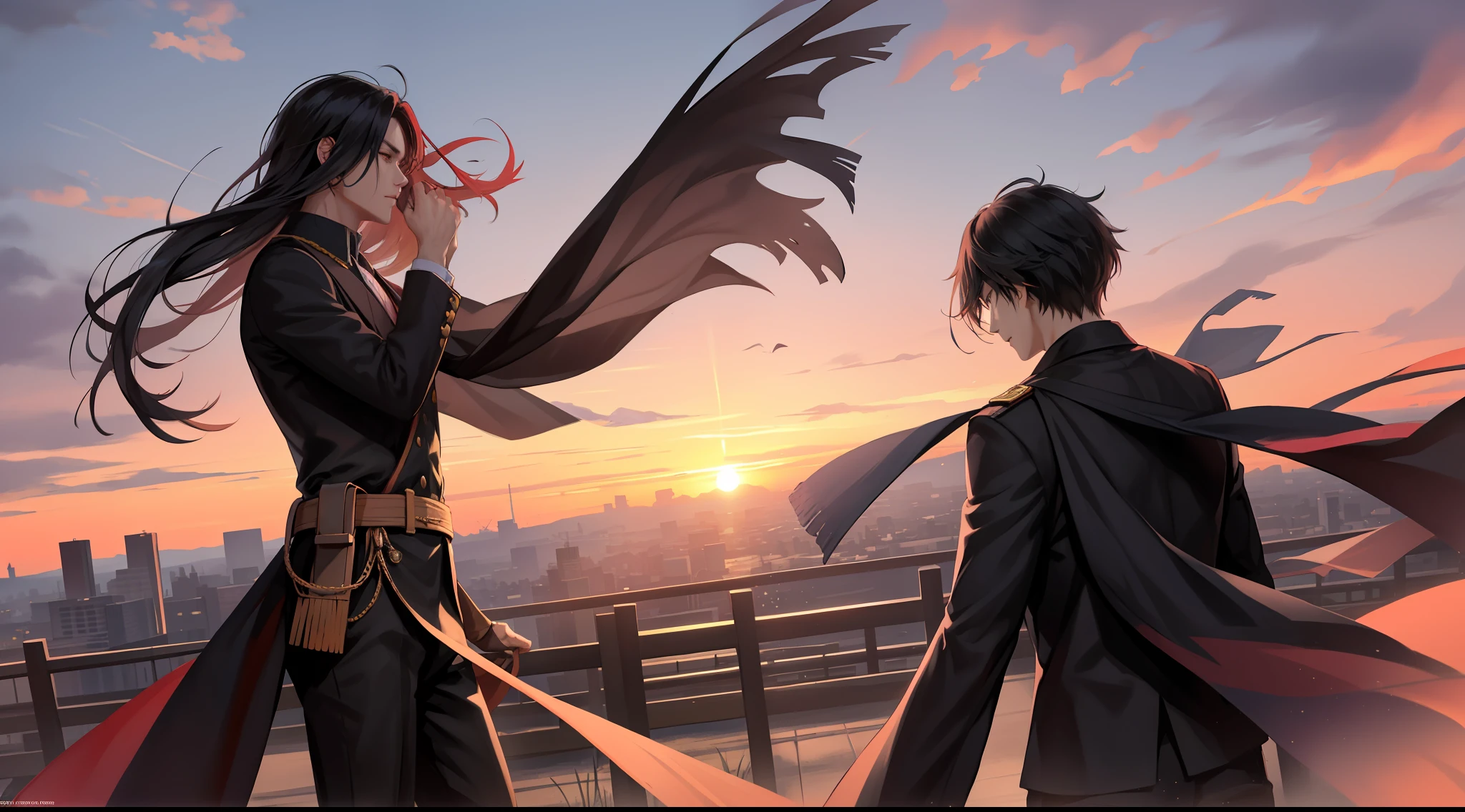 Characters: Young man, sharp eyes, handsome, long black hair, comrades Location: Lonely City Time: Sunset, Evening Wind Event/Status: Death in battle, waiting for death, self-mockery, remembering, singing praises National costume: Da Tang