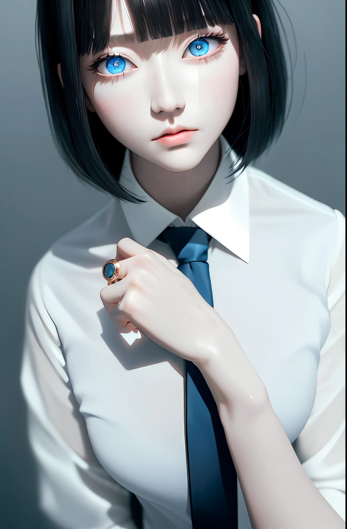 Masterpiece, (Photorealistic: 1.4), Top Quality, Beautiful Lighting, (ulzzang-6500:0.5), Makima \(Chainsaw Man\), (Bob Hair) + (Black Hair) + (Bangs), Blue Eyes, Blue Eyes, (((Ring-shaped Eyes)), (White Shirt), (Tie), RAW Photography, 8k UHD, Film Grain